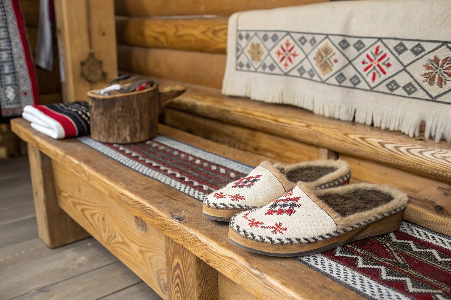 Traditional Sami slippers crafted from natural materials displayed with Nordic patterns, celebrating indigenous Scandinavian artistry."
