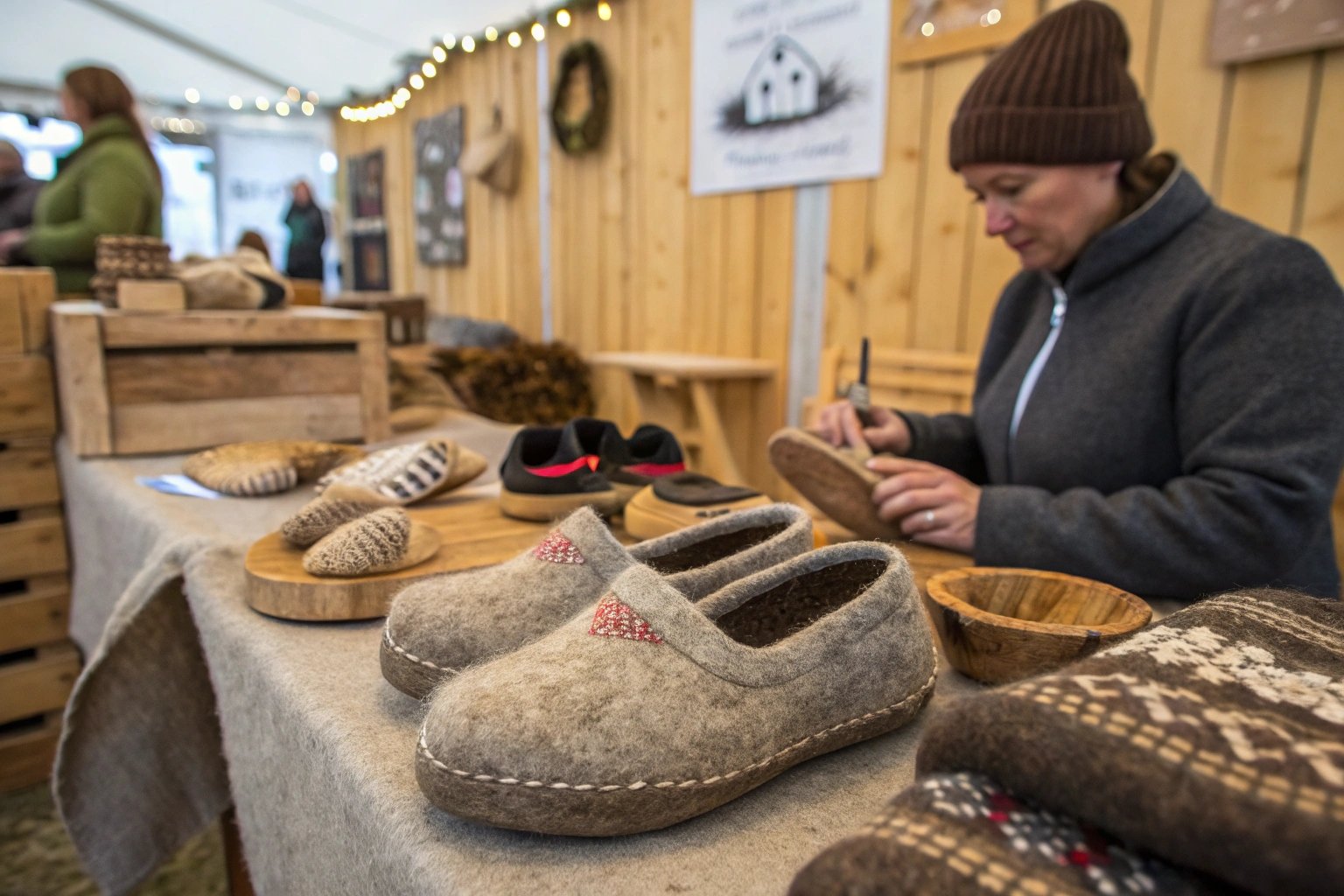 Felted and knitted slippers at a Norwegian craft stall, celebrating homemade artisanal quality."