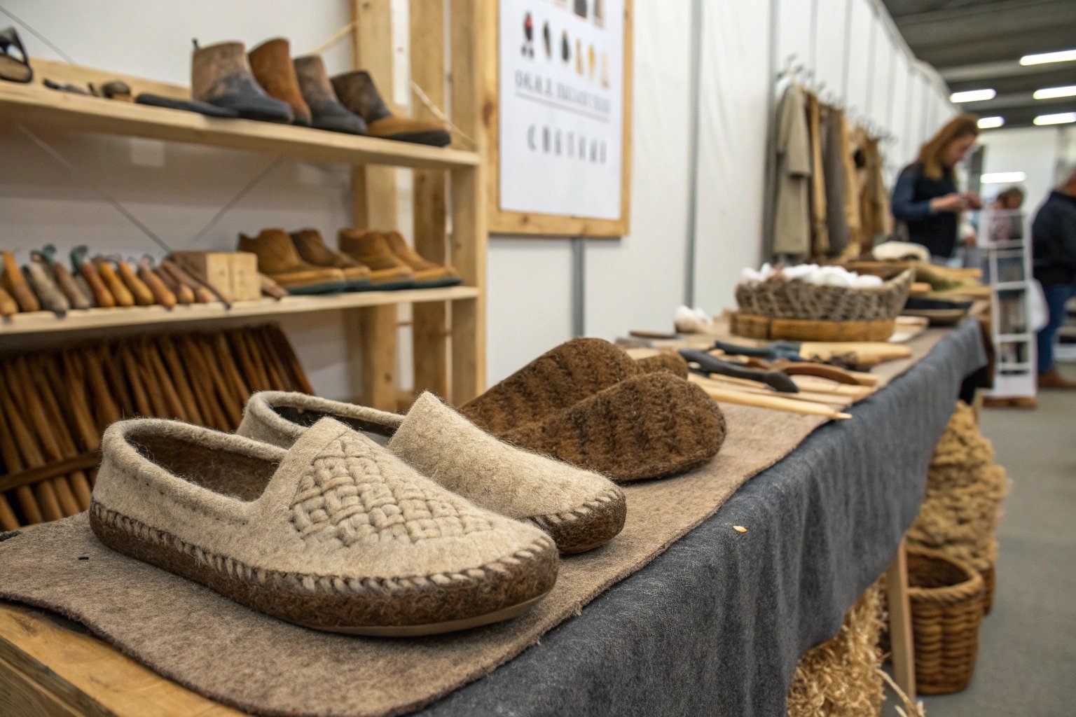 Handmade slippers by Danish artisans at a local craft market, showcasing unique designs and craftsmanship."