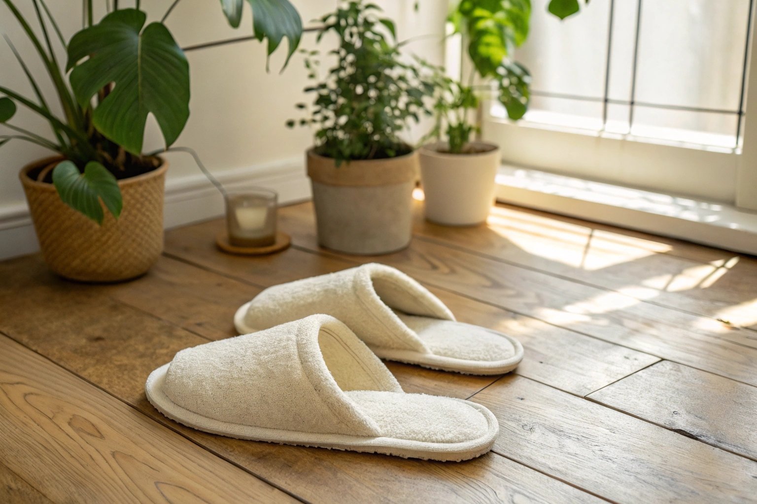Eco-friendly slippers made with organic cotton and bamboo placed in a natural, sustainable home setting.