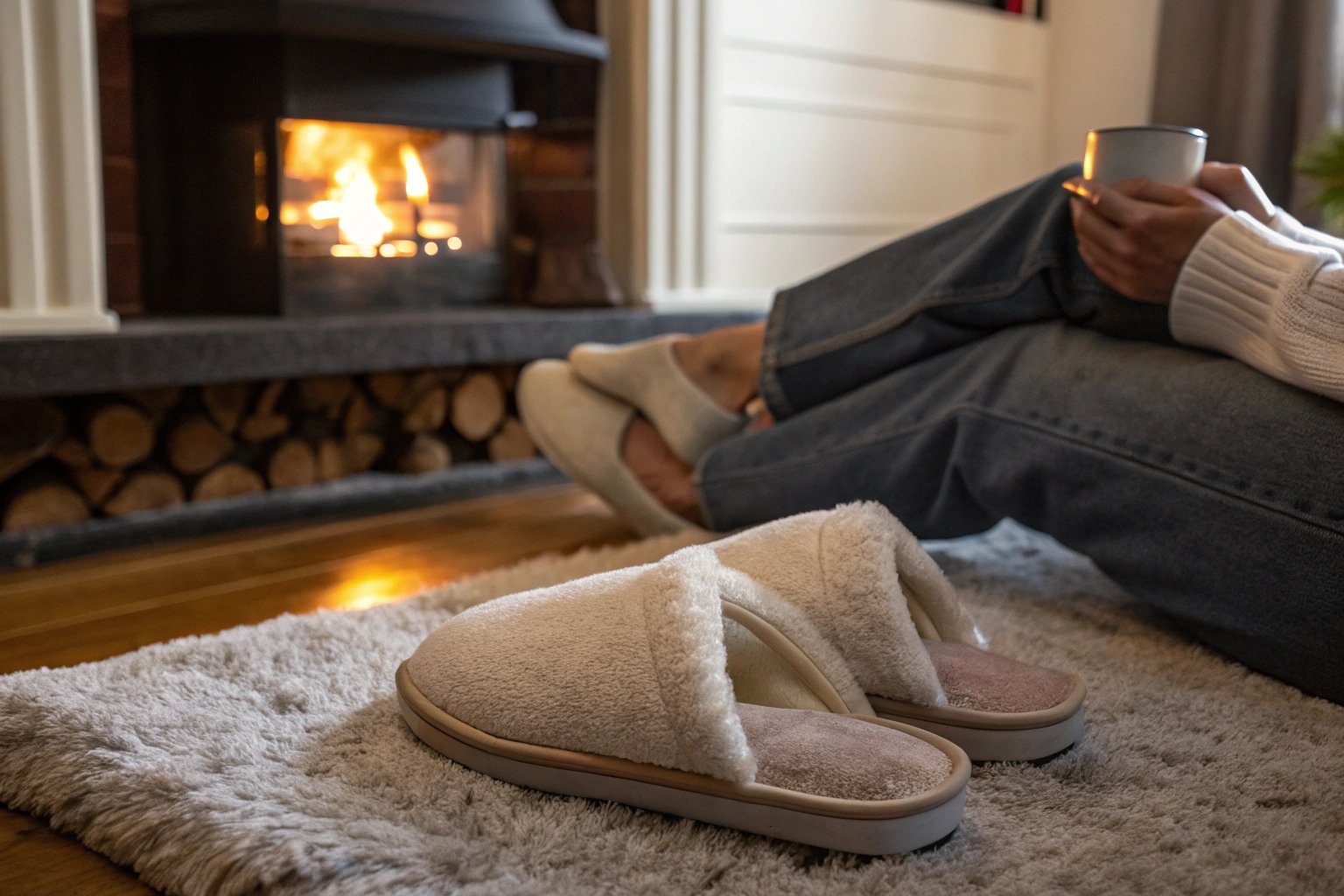 A cozy indoor scene featuring a pair of soft, plush slippers placed on a fluffy rug near a warm fireplace. A person is seen relaxing with a cup of tea, emphasizing comfort, warmth, and relaxation. The slippers are made of soft fleece or cotton with a cushioned sole