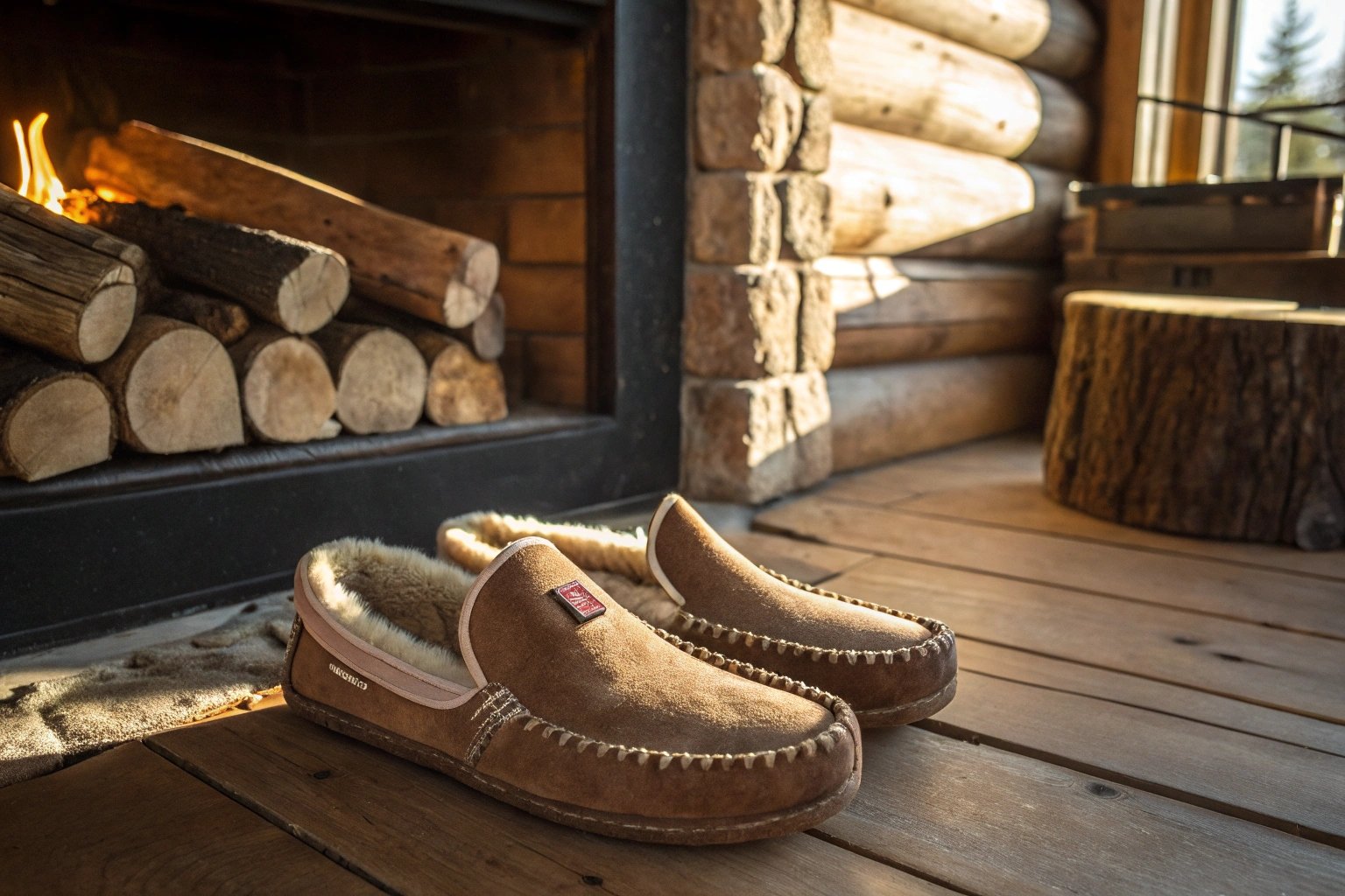 A pair of premium leather and wool-lined slippers with a cozy Canadian aesthetic, placed on a rustic wooden floor near a cabin fireplace. The slippers have soft suede textures and visible stitching, emphasizing craftsmanship. Warm, golden lighting, high detail, photorealistic, lifestyle photography.