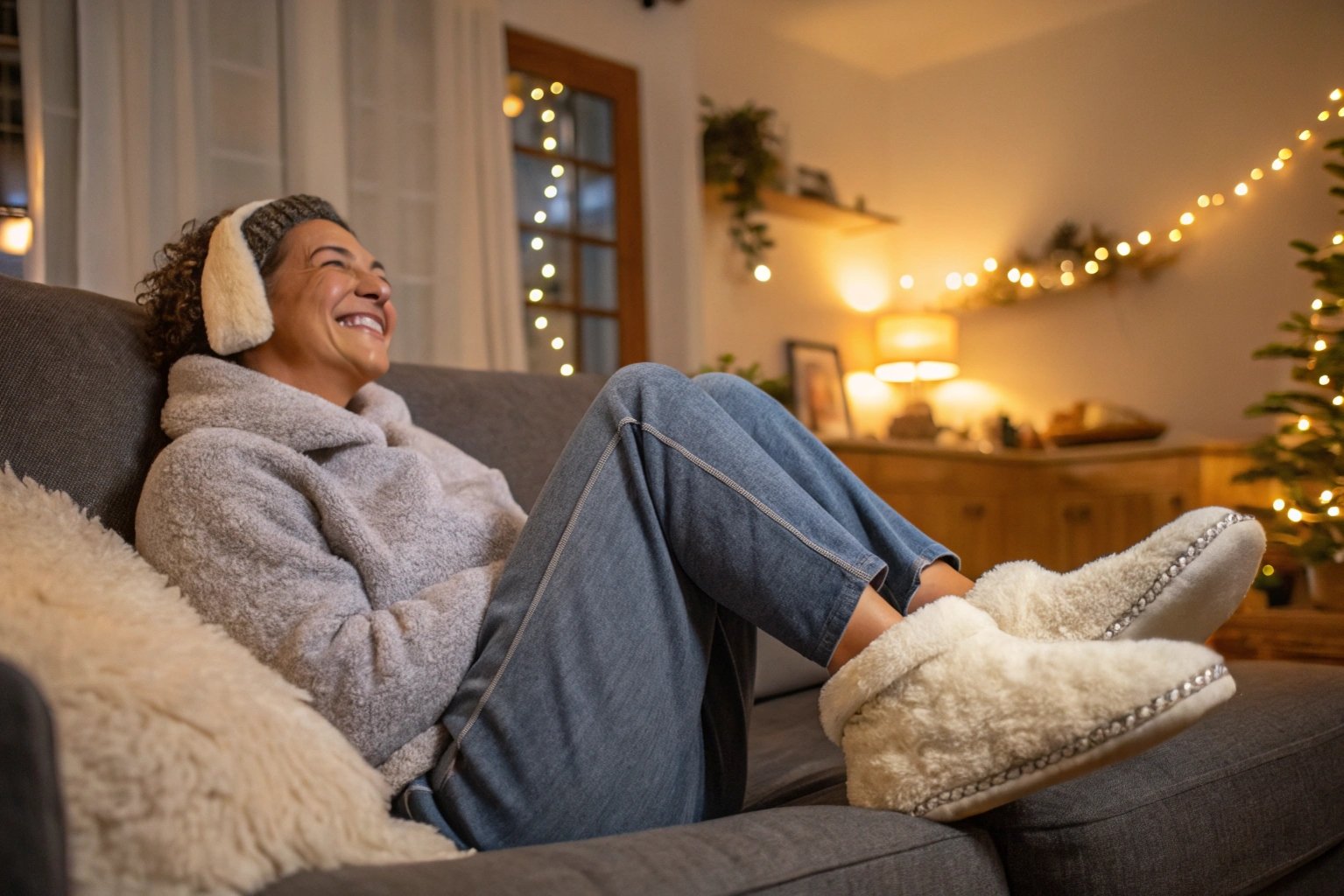 Happy customer wearing fluffy winter slippers at home, enjoying lasting comfort thanks to superior compression resilience.