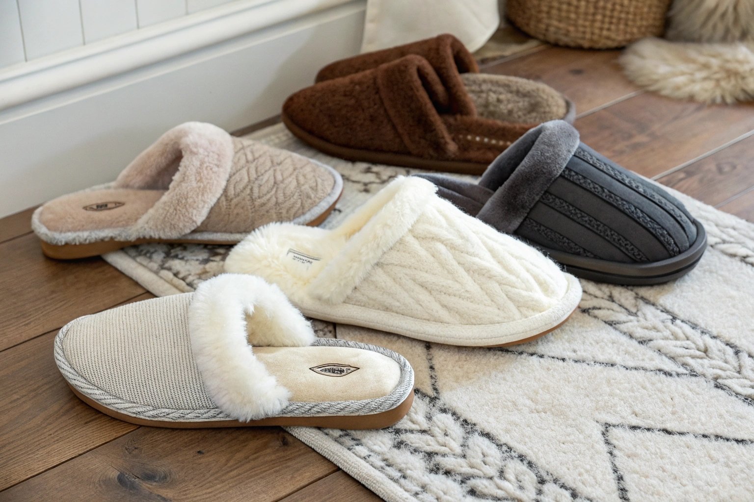 Beige woven slippers with cushioned sole on white marble, surrounded by towels and a potted plant, spa-like bathroom setting.