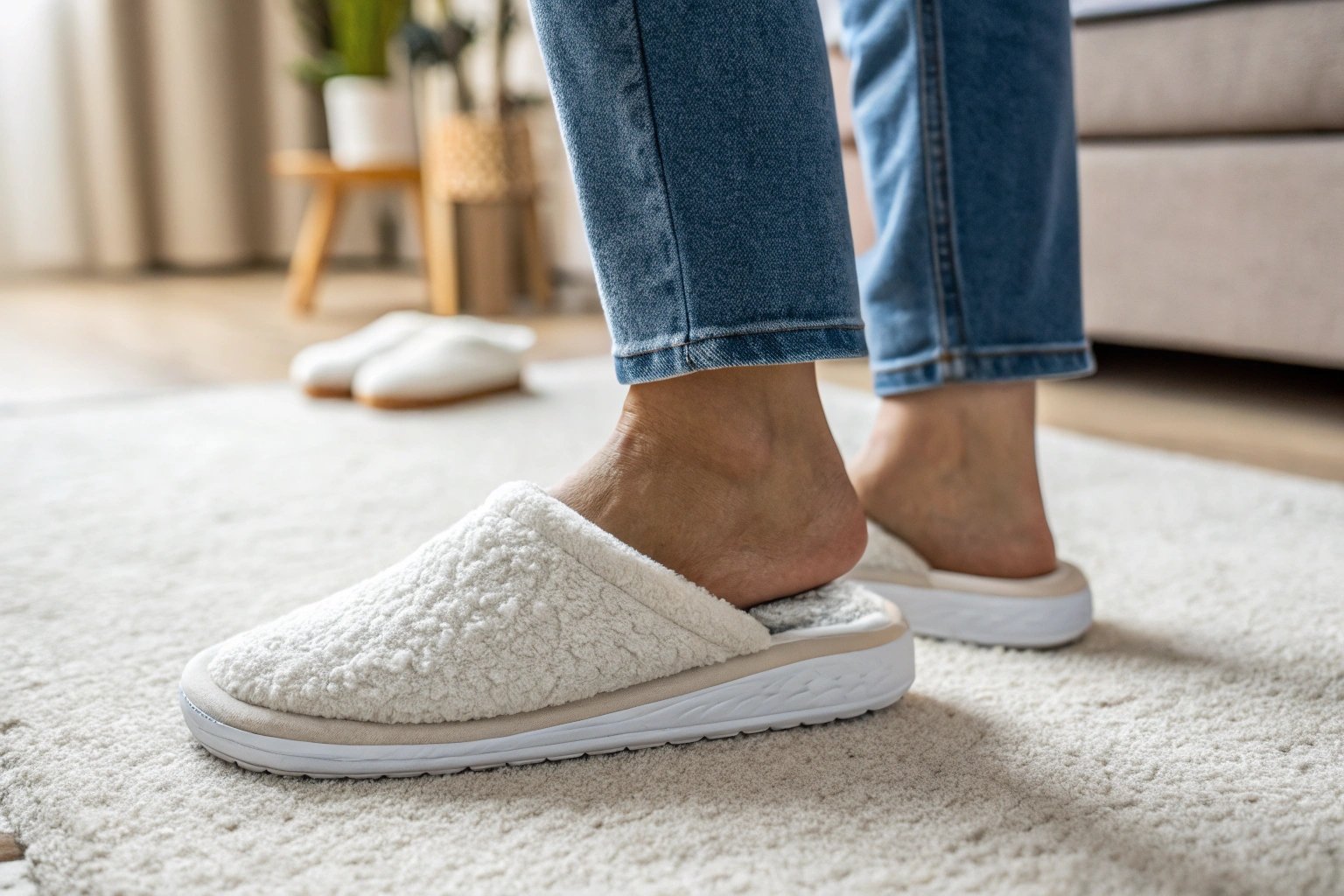 A close-up of a pair of foam slippers being worn by a person standing on a soft carpet. The foam conforms to the shape of the foot, illustrating cushioning and shock absorption. The background is softly blurred, creating a relaxing home atmosphere
