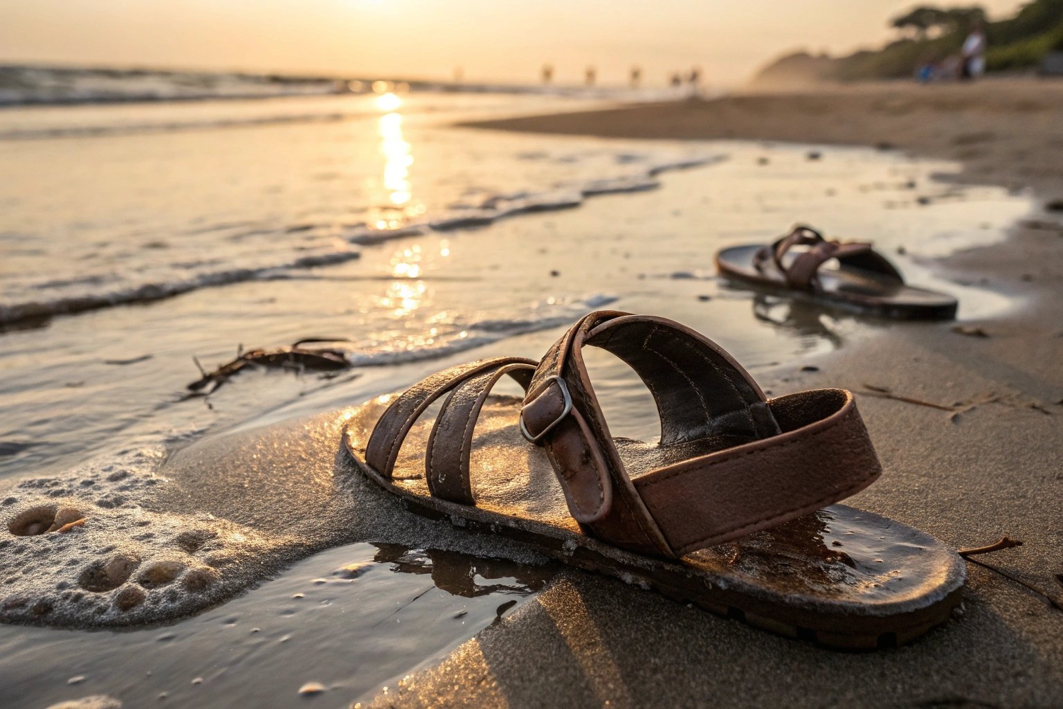 Elegant leather sandals partially covered in wet sand near the shoreline, with water marks and scuffs showing visible damage. A warning-style photo showing the sandals in distress under harsh sun and saltwater. Golden-hour lighting for emotional, reflective tone