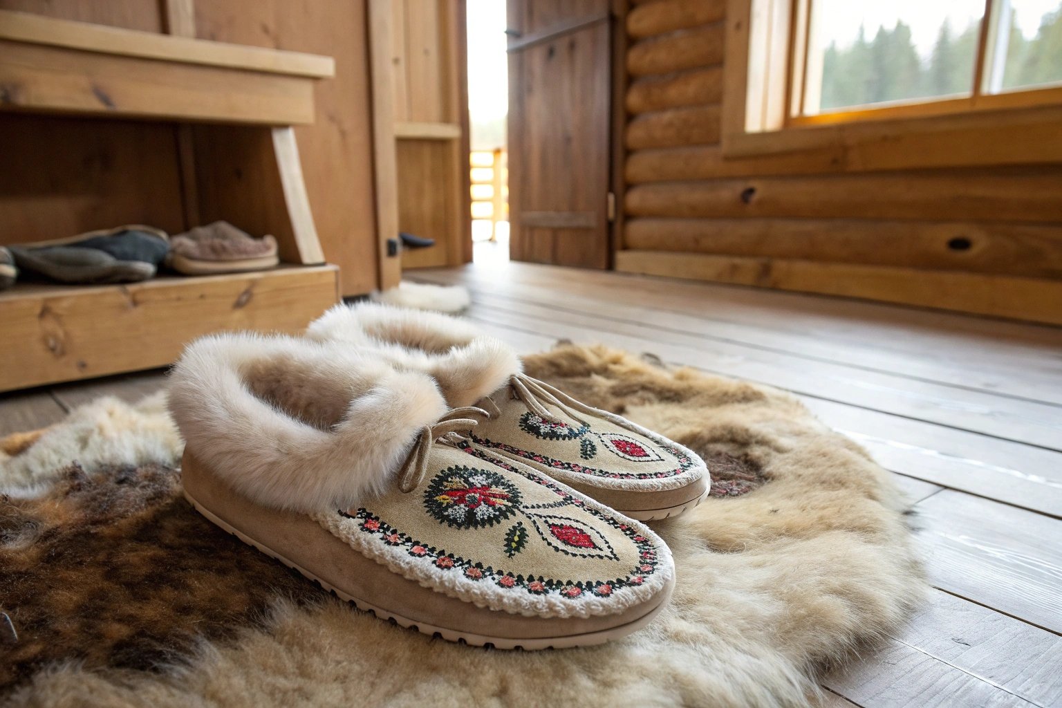 A pair of beautifully handcrafted mukluk-style slippers with intricate Indigenous beadwork, resting on a fur rug inside a traditional wooden lodge. The slippers feature soft suede exteriors and fluffy fur linings, emphasizing cultural heritage. Natural lighting, high detail, photorealistic.