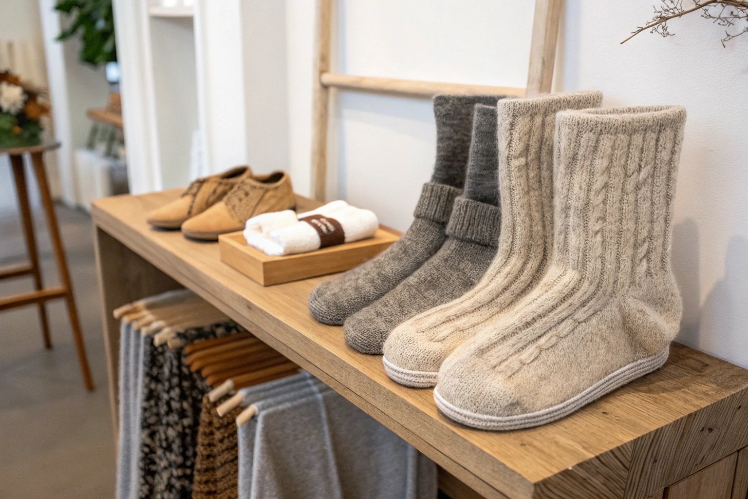 Alpaca wool socks and minimalist indoor footwear arranged neatly in a sustainable Icelandic boutique setting, representing Alpaca Iceland’s soft, luxurious aesthetic.