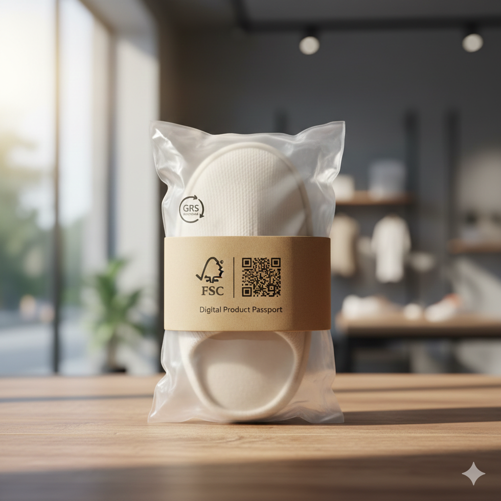 Close-up lifestyle product shot of sustainable slipper packaging. A minimalist FSC-certified paper belly band and a transparent GRS-recycled polybag. Visible eco-logos: GRS, FSC, and a scannable QR code for "Digital Product Passport." High-end retail feel, natural textures, soft neutral lighting, emphasizing environmental compliance and premium branding.