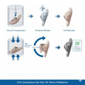 Close-up lifestyle product shot of sustainable slipper packaging. A minimalist FSC-certified paper belly band and a transparent GRS-recycled polybag. Visible eco-logos: GRS, FSC, and a scannable QR code for "Digital Product Passport." High-end retail feel, natural textures, soft neutral lighting, emphasizing environmental compliance and premium branding.