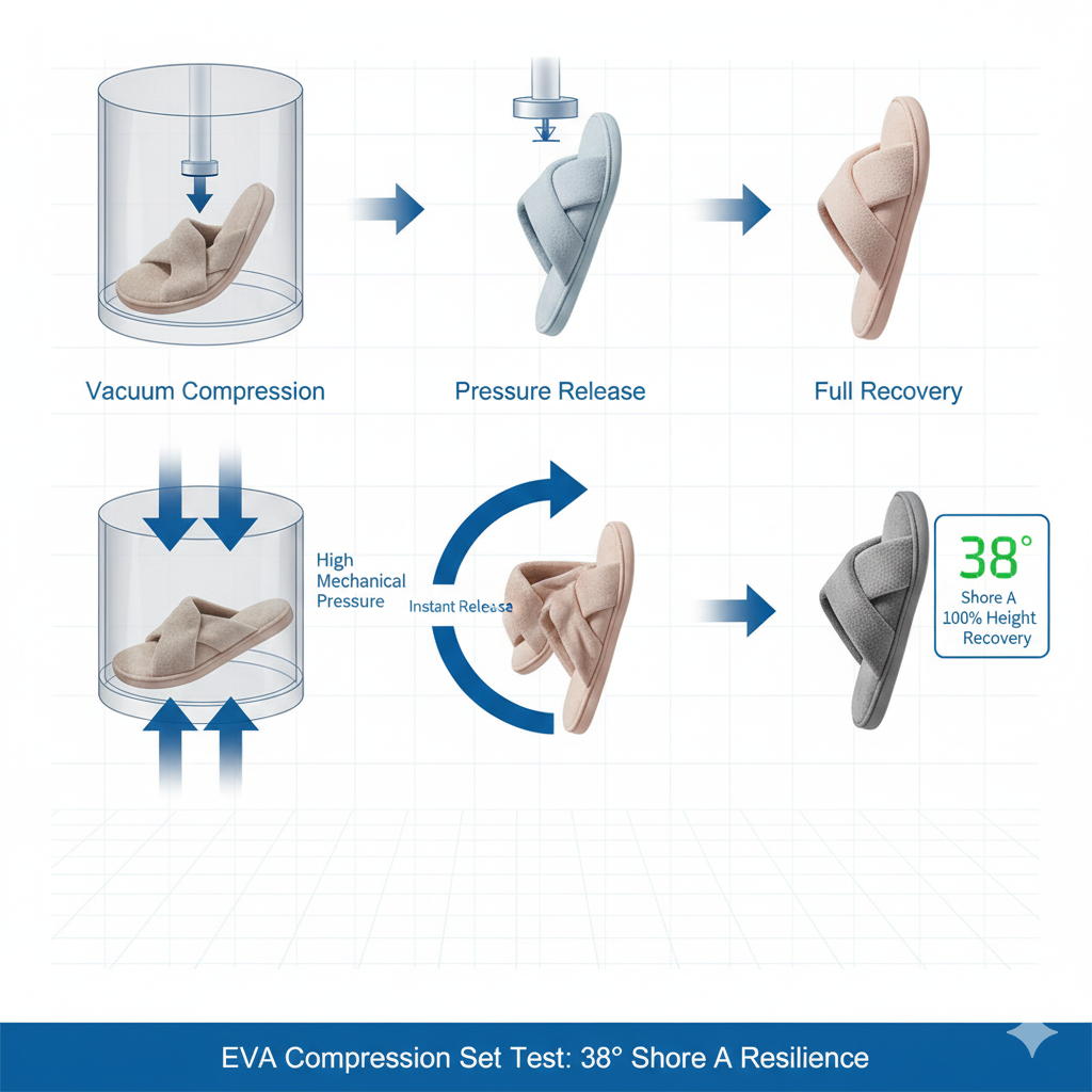 A scientific laboratory sequence diagram. Phase 1: An EVA slipper under high mechanical pressure (Vacuum Compression). Phase 2: The slipper immediately after pressure release. Phase 3: Full recovery to 100% height with a "38° Shore A" digital reading. High-tech lab background, blueprint-style annotations, 3D technical rendering, professional and credible.