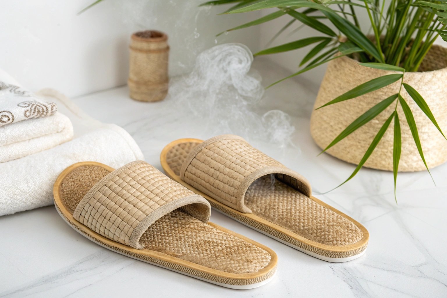 aRetail display of brown, taupe, beige shearling, and white cotton slippers on a wooden shelf in a modern store.