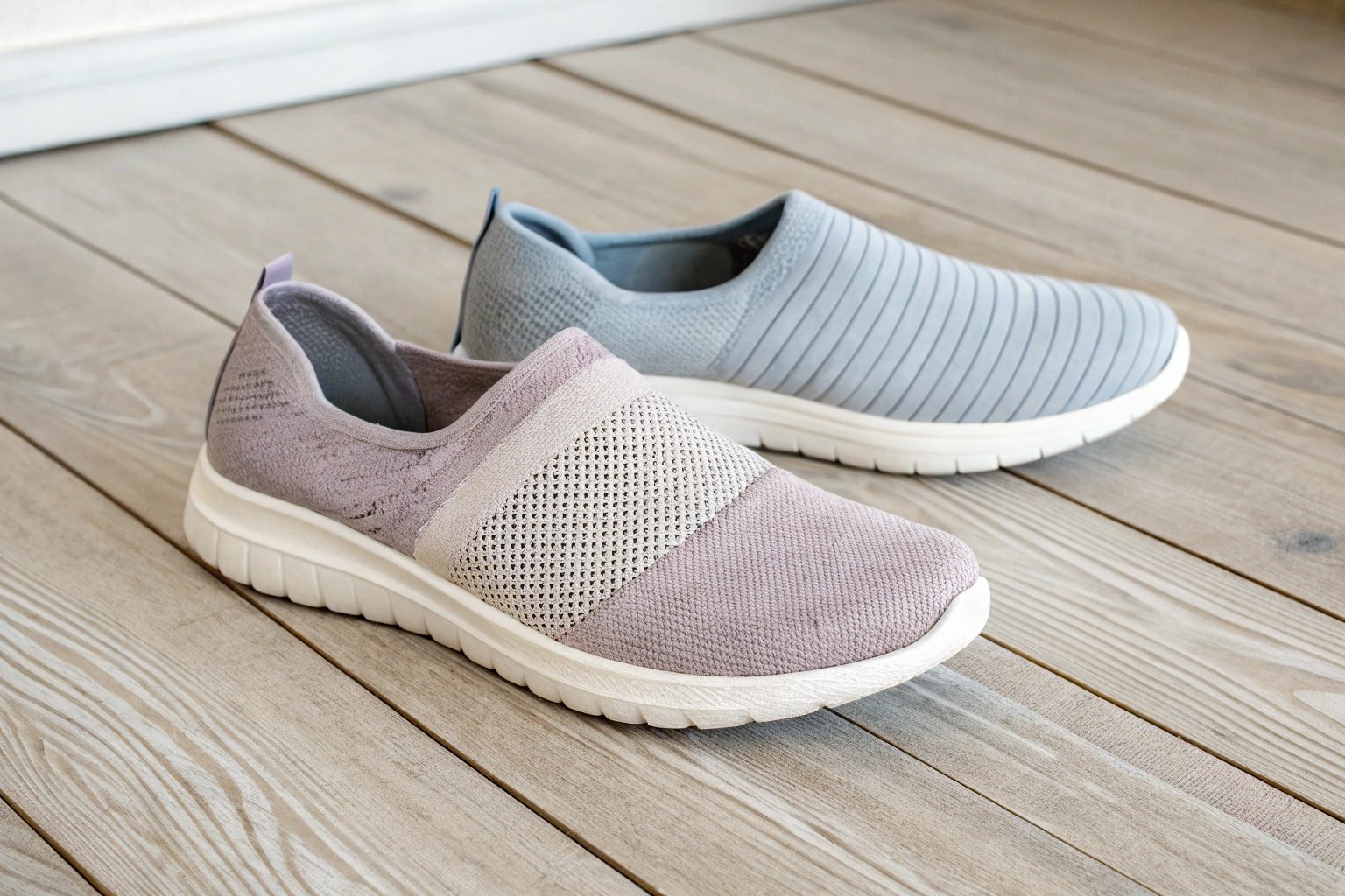 A pair of stylish soft shoes made from breathable fabric, displayed on a wooden floor. The shoes have flexible soles and a lightweight design, showcasing comfort and natural foot movement. The scene has a neutral and minimalist background for a clean loo