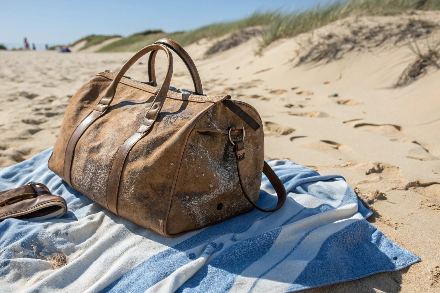 A high-end leather bag resting on a beach blanket, covered in sand with saltwater stains, under direct sunlight. The texture of the leather is visibly drying out and cracked. Evokes a sense of regret and caution. Realistic textures and soft beach tones
