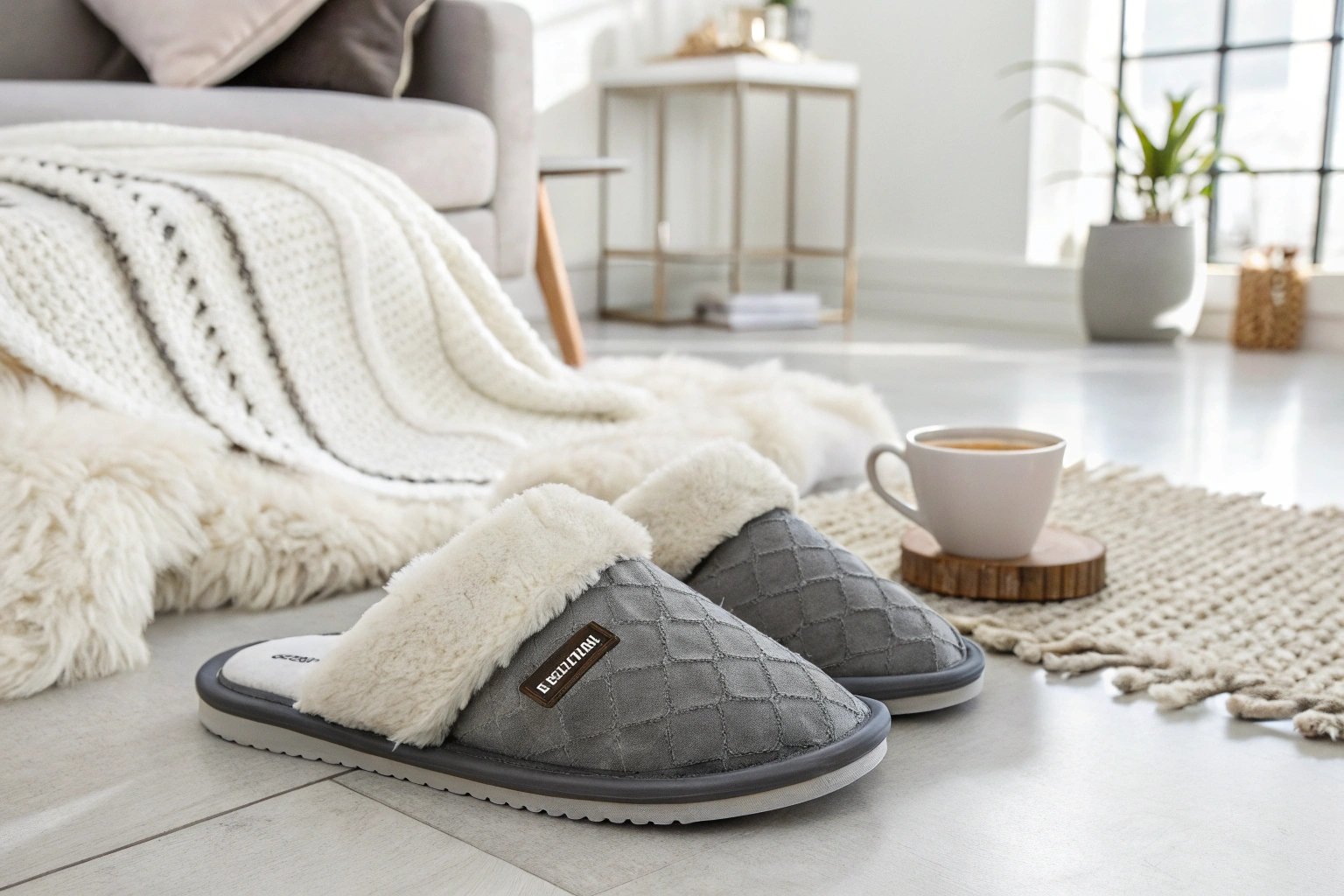 A stylish and modern pair of SoftMoc-branded slippers on a contemporary home floor, with a fluffy blanket and a warm coffee cup beside them. The slippers have a soft memory foam insole and a breathable knit upper. Cozy atmosphere, neutral tones, high detail, professional product photography.