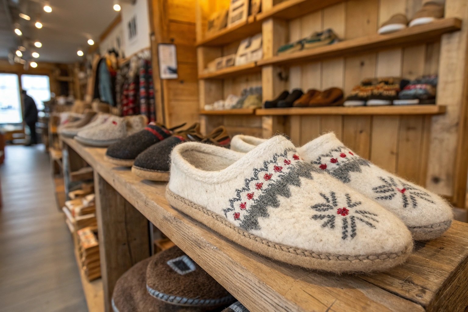 Handcrafted wool slippers displayed with knitting patterns and colorful skeins, capturing the essence of the Handknitting Association of Iceland's artisan network.