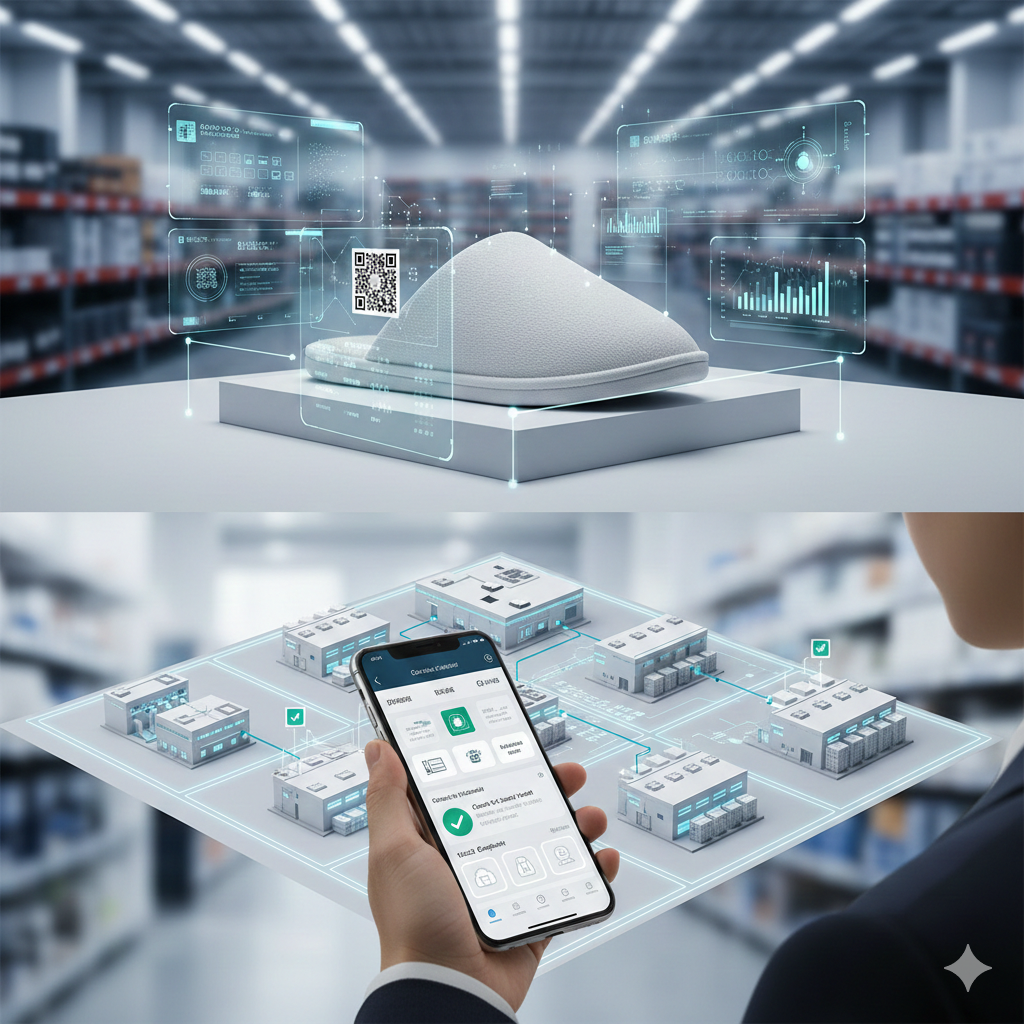 1A cinematic high-angle shot of a premium cotton slipper on a minimalist pedestal. Overlapping digital holographic data interface, scanning lines, and translucent data nodes floating around the slipper. Background is a blurred, high-tech automated warehouse in soft blue and white lighting. Hyper-realistic, 8k resolution, industrial design aesthetic, "Digital Product Passport" concept.