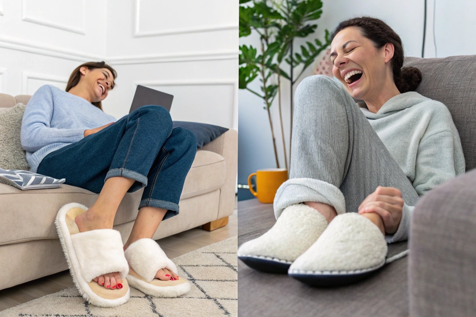 A split-screen comparison: on the left, a person happily wearing slippers indoors, relaxing on a couch; on the right, a different person experiencing foot discomfort due to prolonged slipper use. The image highlights both the benefits and potential drawbacks of wearing slippers all the time
