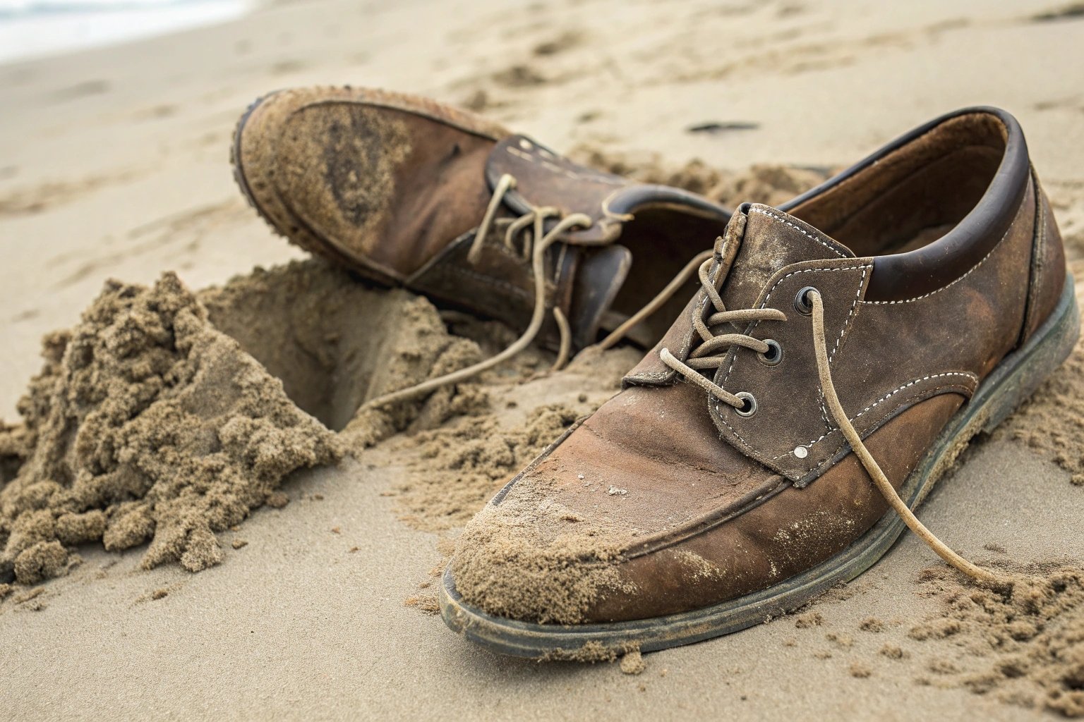 Close-up of leather shoes with sand spilled inside and around them on a beach surface. Laces loose, inner lining visible, hinting at discomfort and damage. A visual metaphor for 'beach gone wrong' with leather. Emphasize texture of sand and wear on the leather