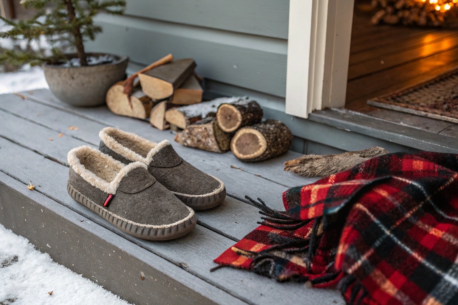 A pair of durable wool slippers sitting on a cabin porch, surrounded by firewood and a warm plaid blanket. The slippers have a rugged yet comfortable look, emphasizing warmth and practicality. Cool winter lighting, sharp details, rustic aesthetic, photorealistic.