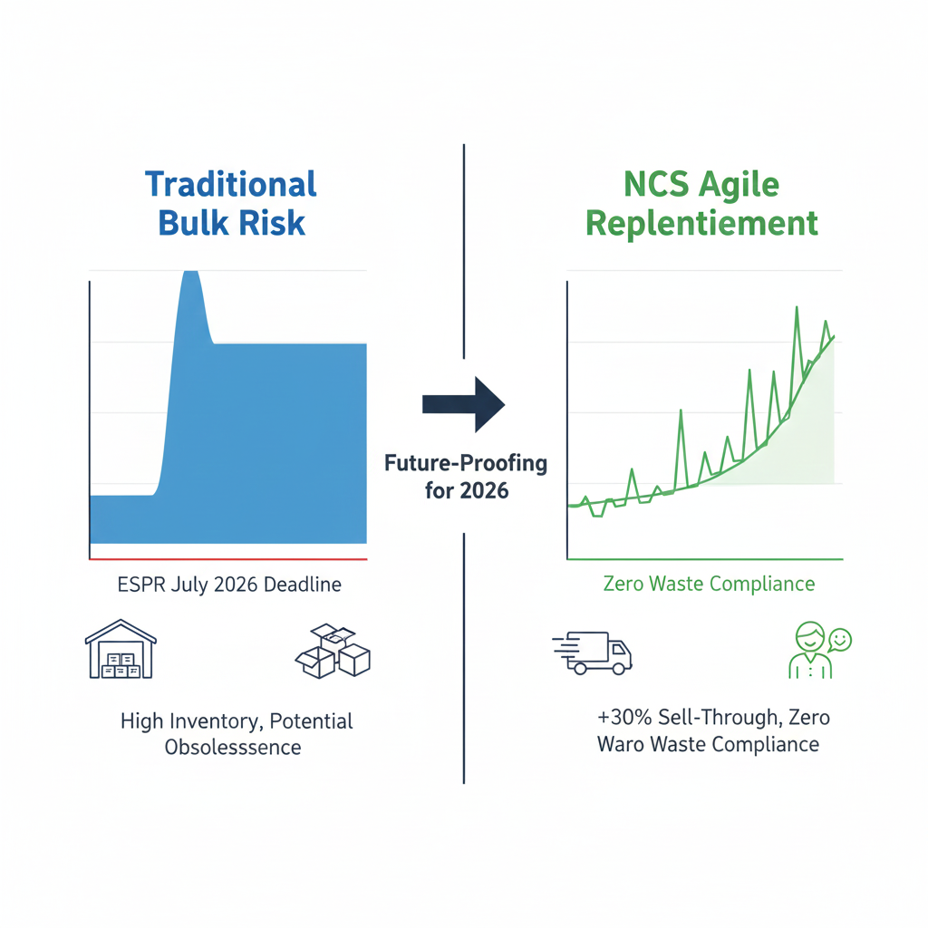 A professional business infographic comparing two supply chain models for 2026. Left: "Traditional Bulk Risk" showing high inventory levels exceeding a red "ESPR July 2026 Deadline" line. Right: "NCS Agile Replenishment" showing small, frequent stock peaks that match customer demand, labeled "Zero Waste Compliance." Clean, corporate aesthetic, minimalist icons, blue and green color scheme.