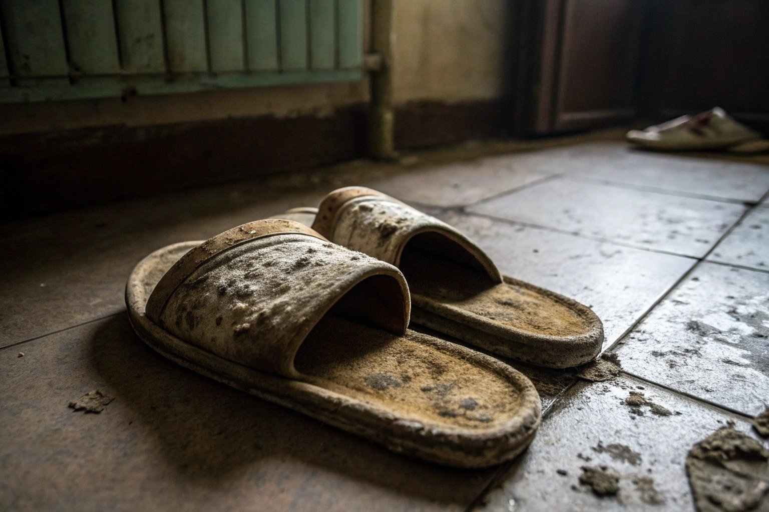 "Worn-out slippers in a poorly ventilated room showing signs of sweat and bacteria causing odor"