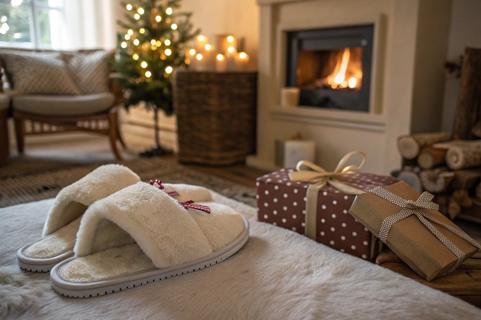 A cozy home setting featuring a pair of plush indoor slippers beautifully wrapped as a gift, with soft lighting and a warm ambiance that makes them the perfect winter gift.