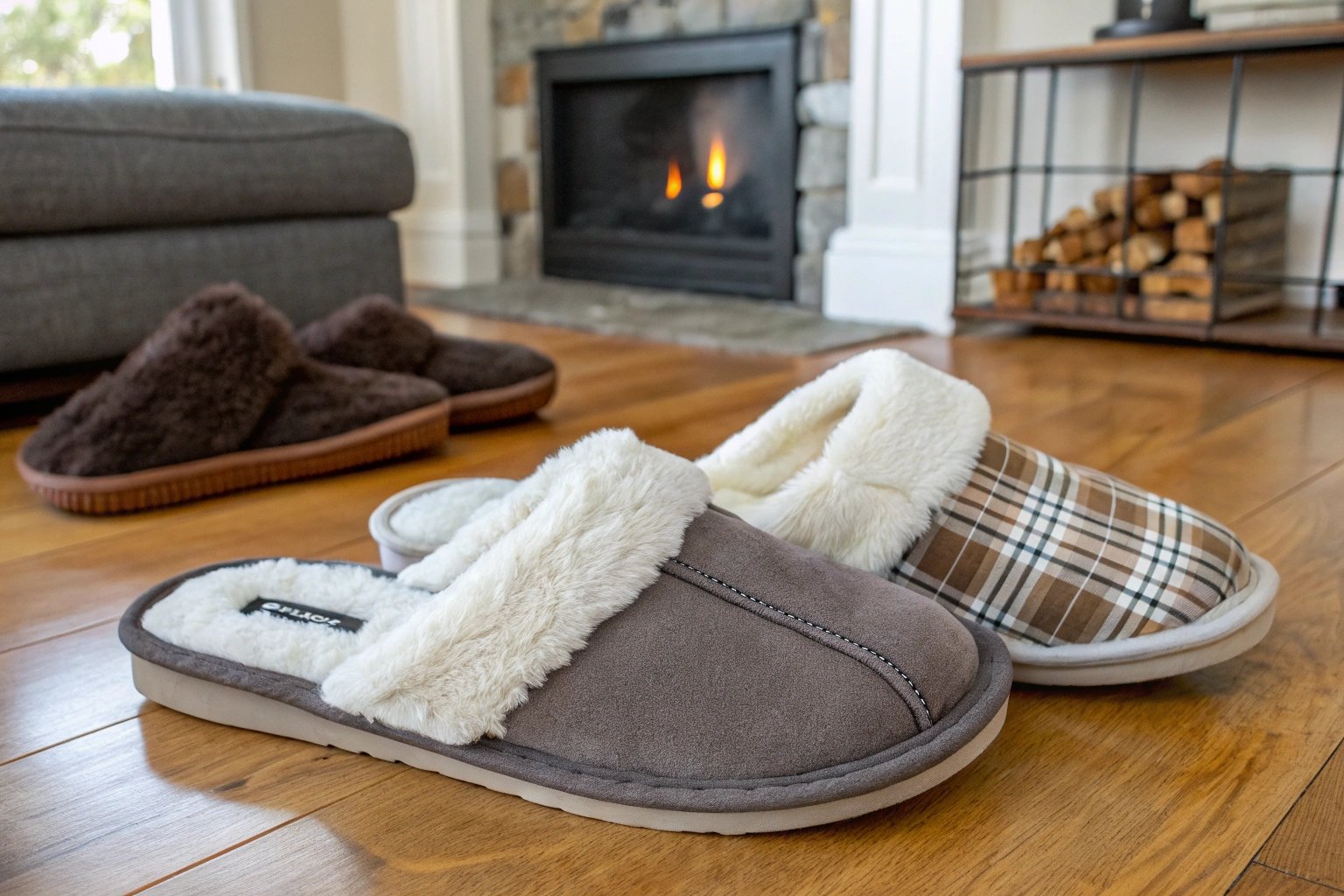 A side-by-side comparison of slippers and house shoes, highlighting their different features such as plush materials, flexible soles for slippers, and non-slip durable soles for house shoes, all set in a cozy, home environment.