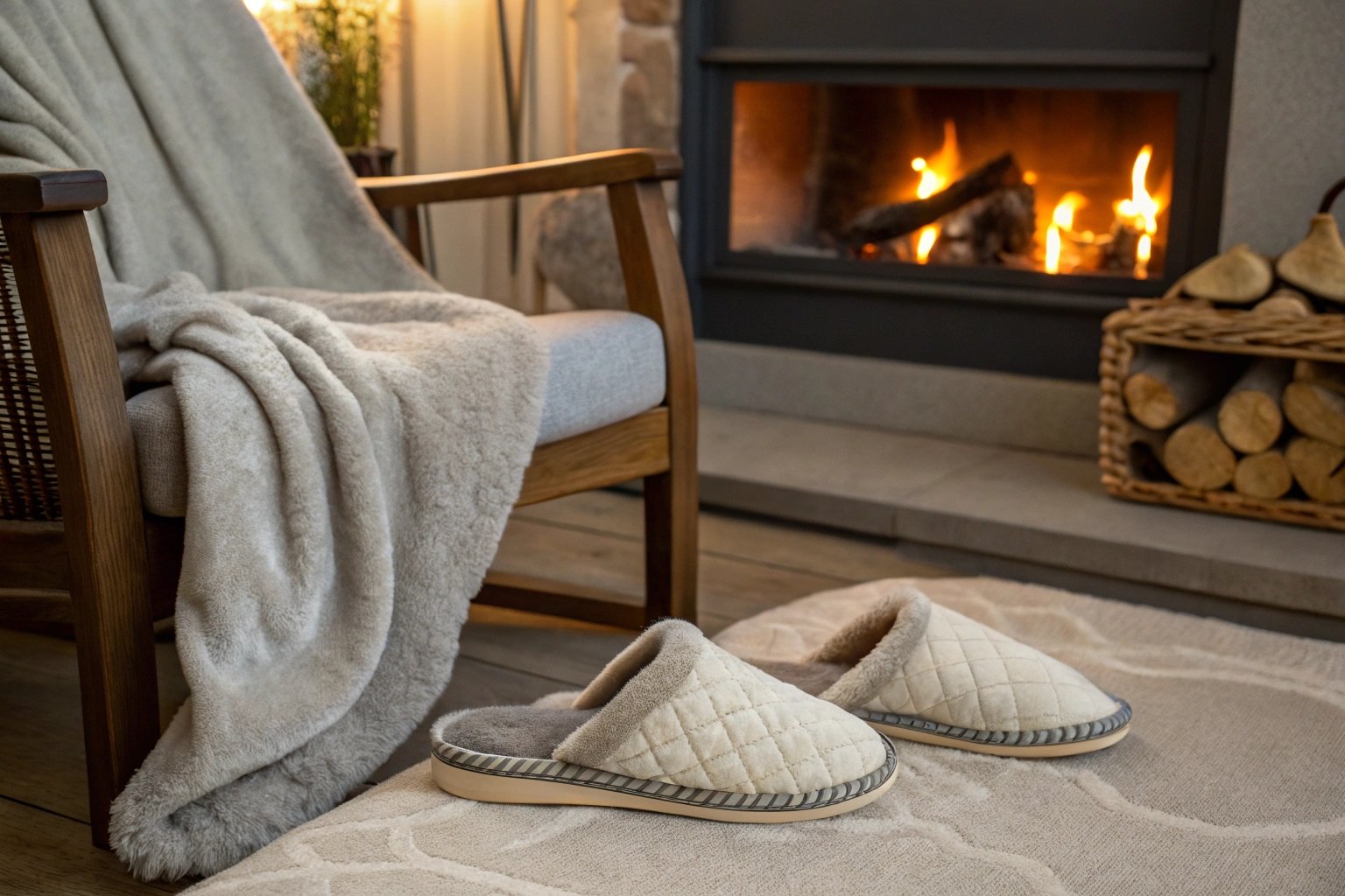 A pair of luxurious indoor slippers placed beside a warm fire, a comfy chair, and a soft blanket, highlighting the comfort and practicality of slippers as a thoughtful home gift.