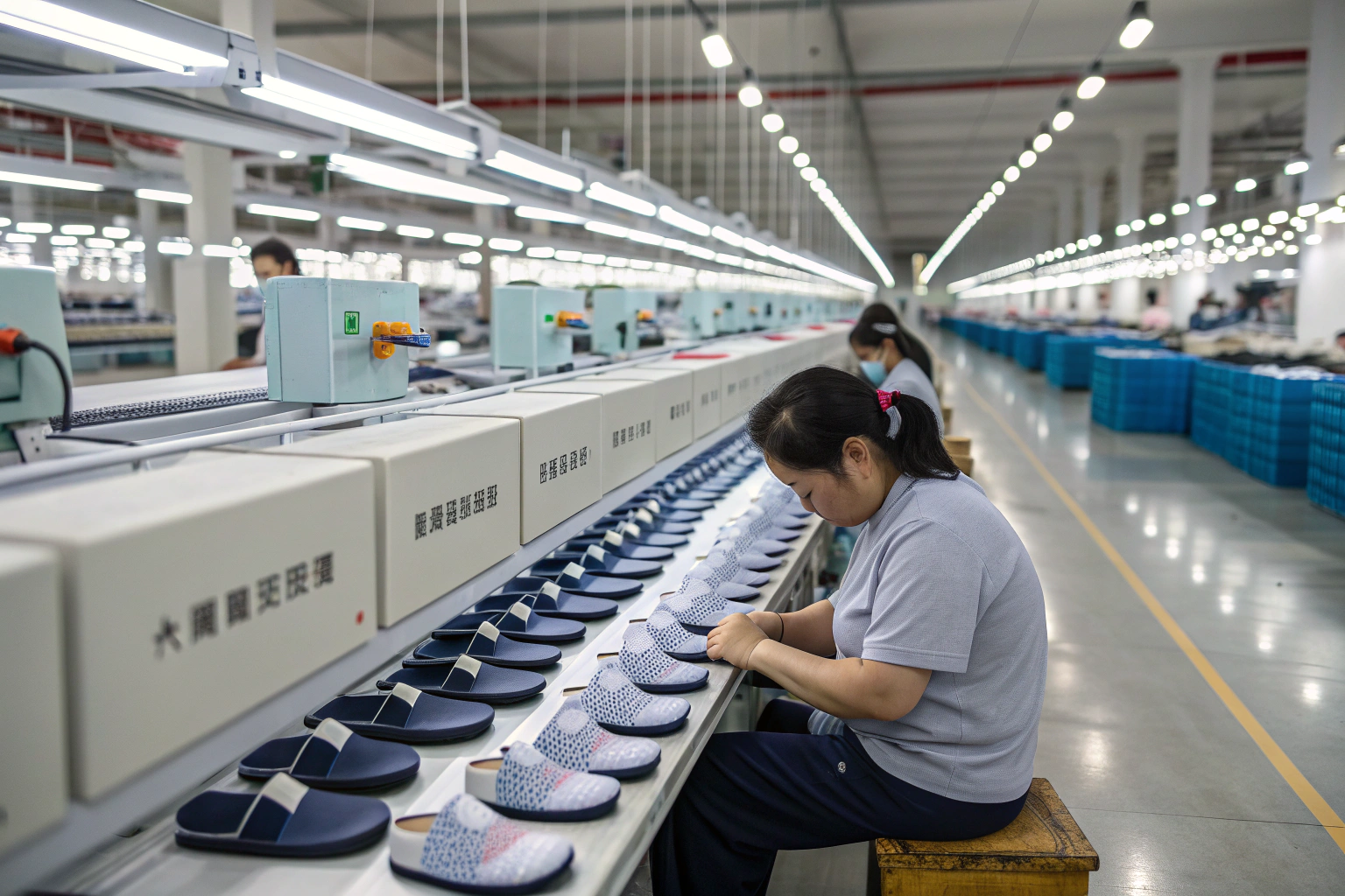 Slipper manufacturing workshop in Vietnam with workers and production lines.