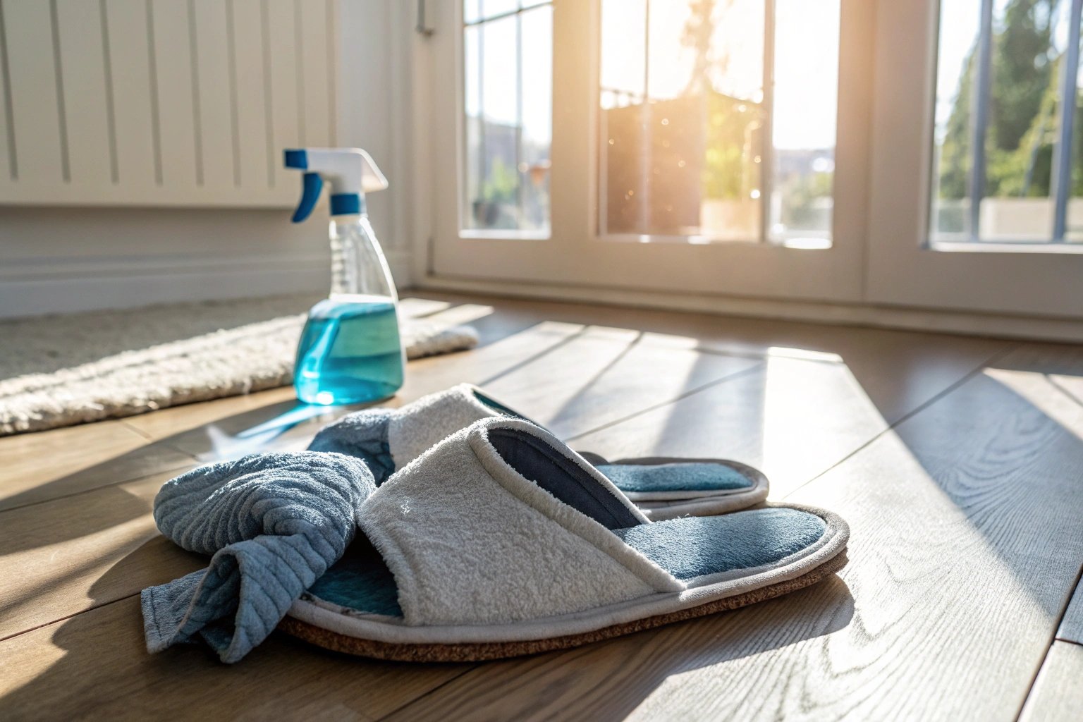 "Cleaning slippers with water and vinegar in a sunlit room to eliminate bacteria and odor"
