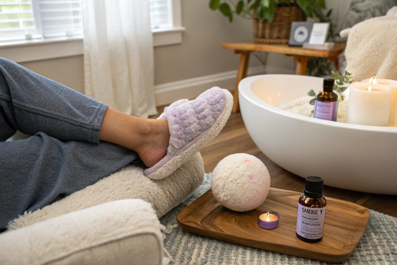 A person at home wearing slippers while doing foot stretches, surrounded by foot care items like a massage ball, Epsom salts, and essential oils.