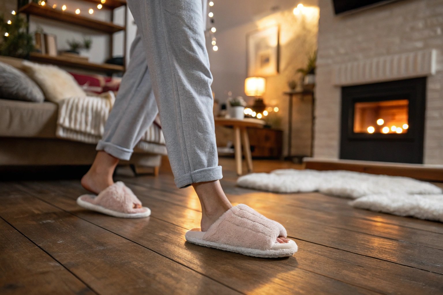 A person walking across a hardwood floor in soft house slippers, showing comfort but lack of support.