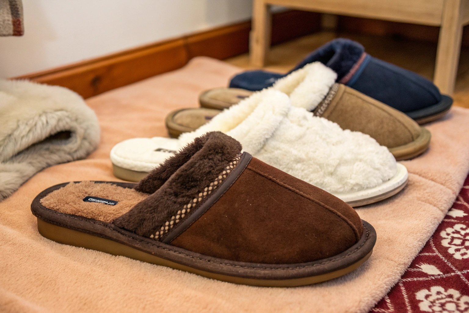 A variety of different slippers, including cozy slip-ons and closed-back designs, displayed on a warm, soft surface, showcasing their comfort and versatility for indoor use.