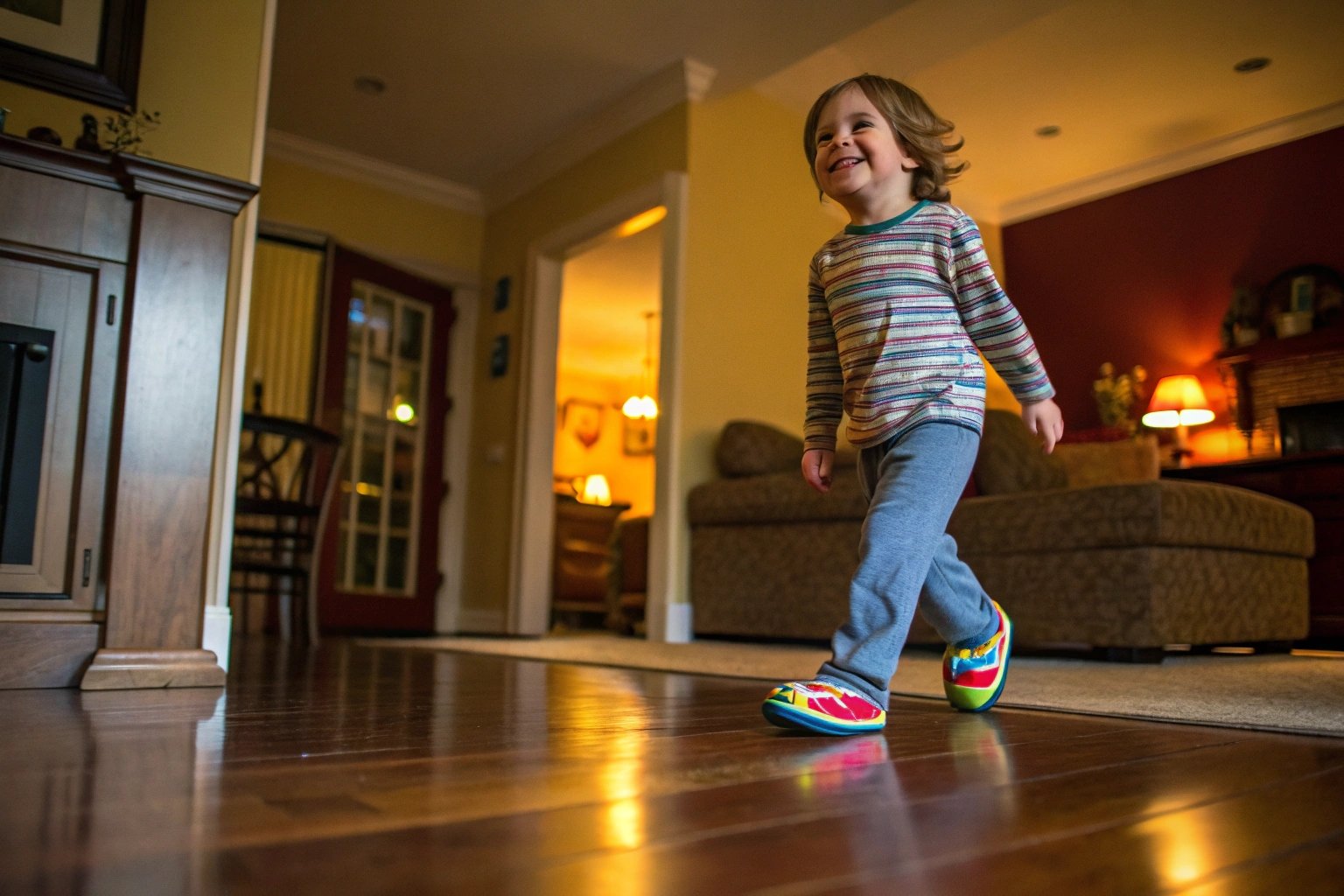 Young child wearing safe, well-fitted slippers with non-slip soles, walking confidently on a wooden floor.
