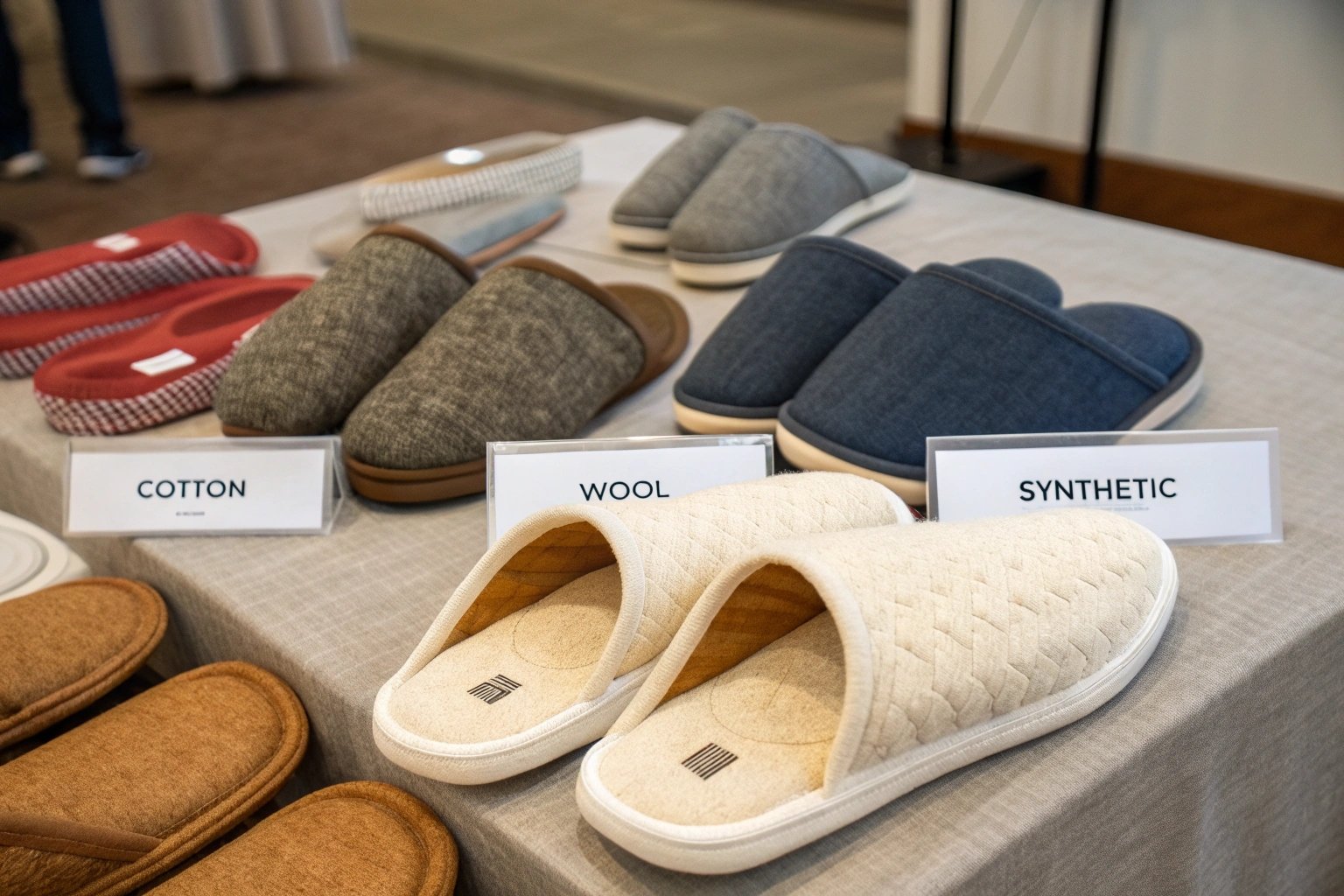 "Different slipper materials compared: natural fibers like cotton and wool versus synthetic options"