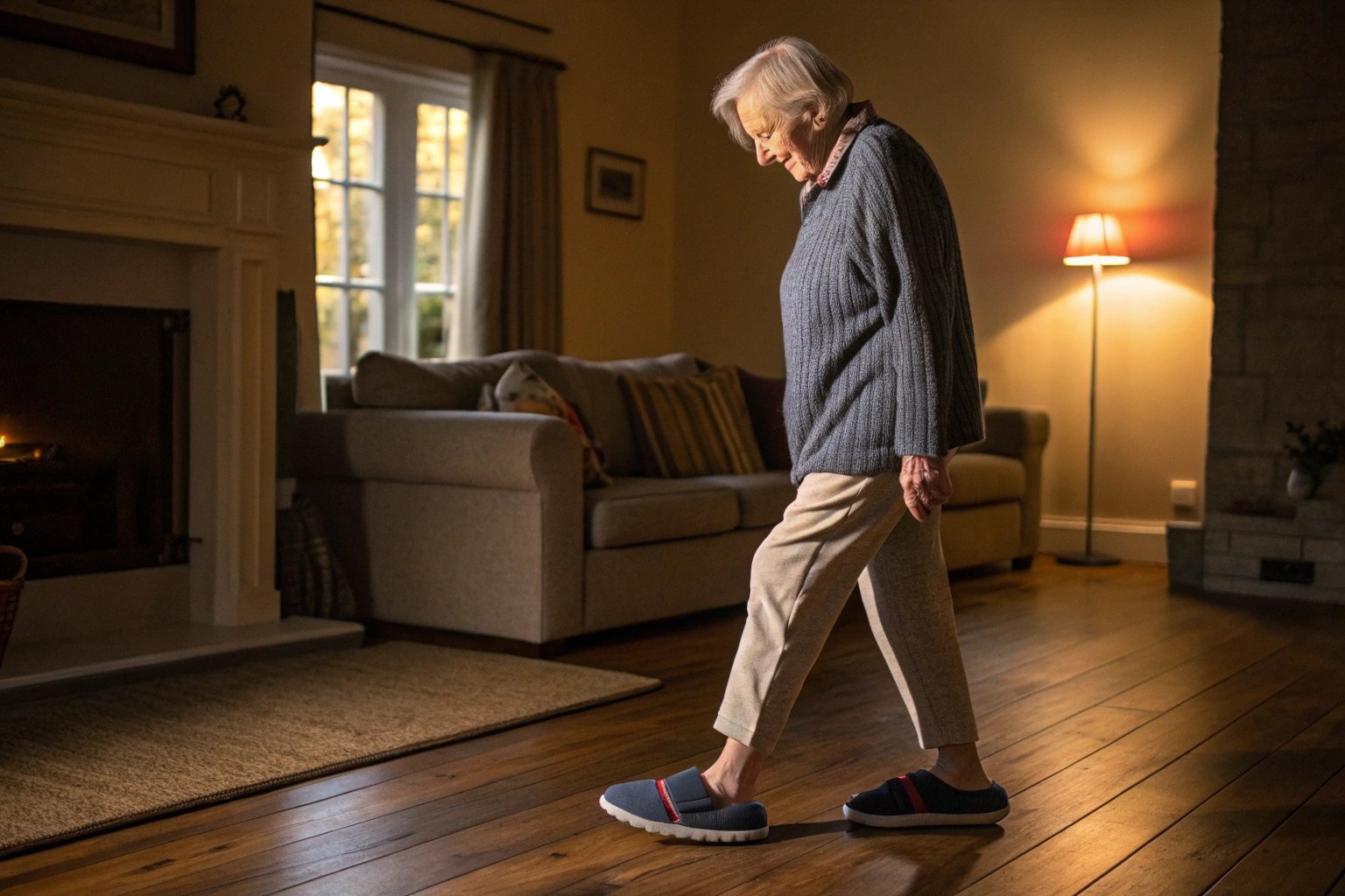 Elderly person wearing safe indoor slippers with non-slip soles and cushioned support while walking comfortably in a cozy home.
