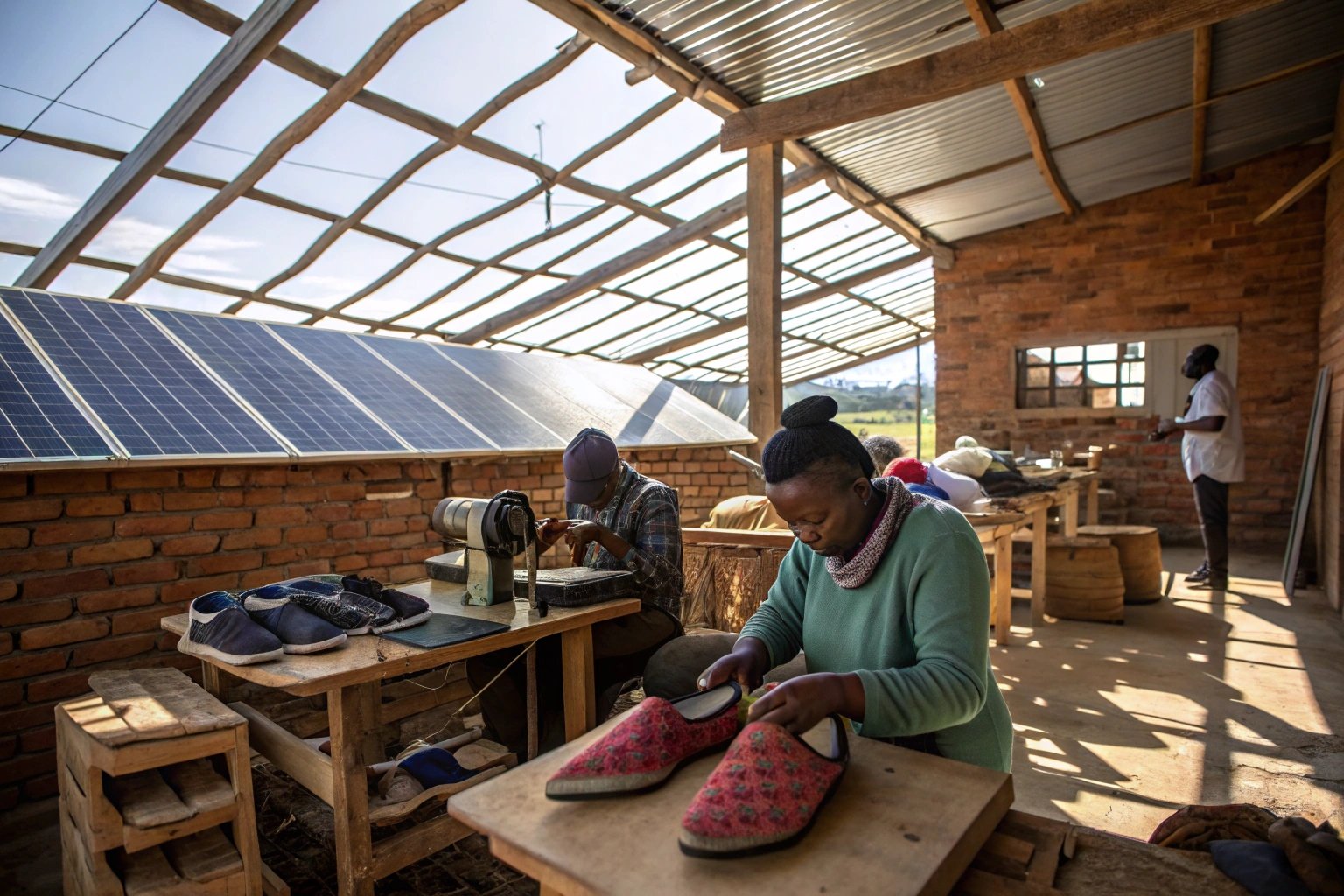 A sustainable slipper workshop using solar energy and recycled materials in the production process.