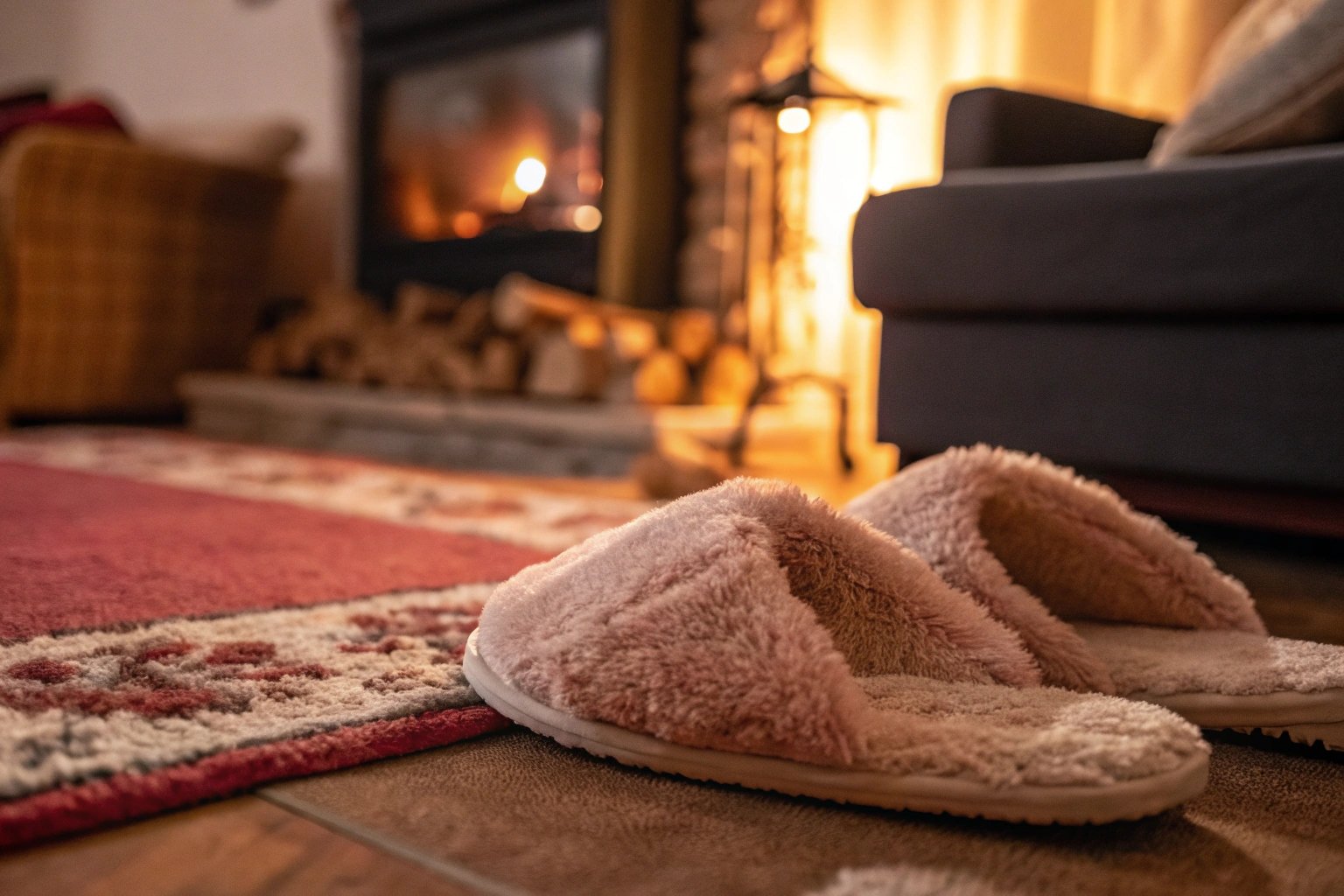 A cozy pair of fuzzy slippers resting on a rug, highlighting their softness and comfort.