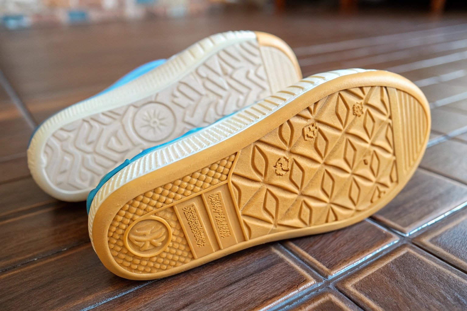 Close-up of children's slippers with textured non-slip rubber soles designed to prevent slipping on smooth surfaces.
