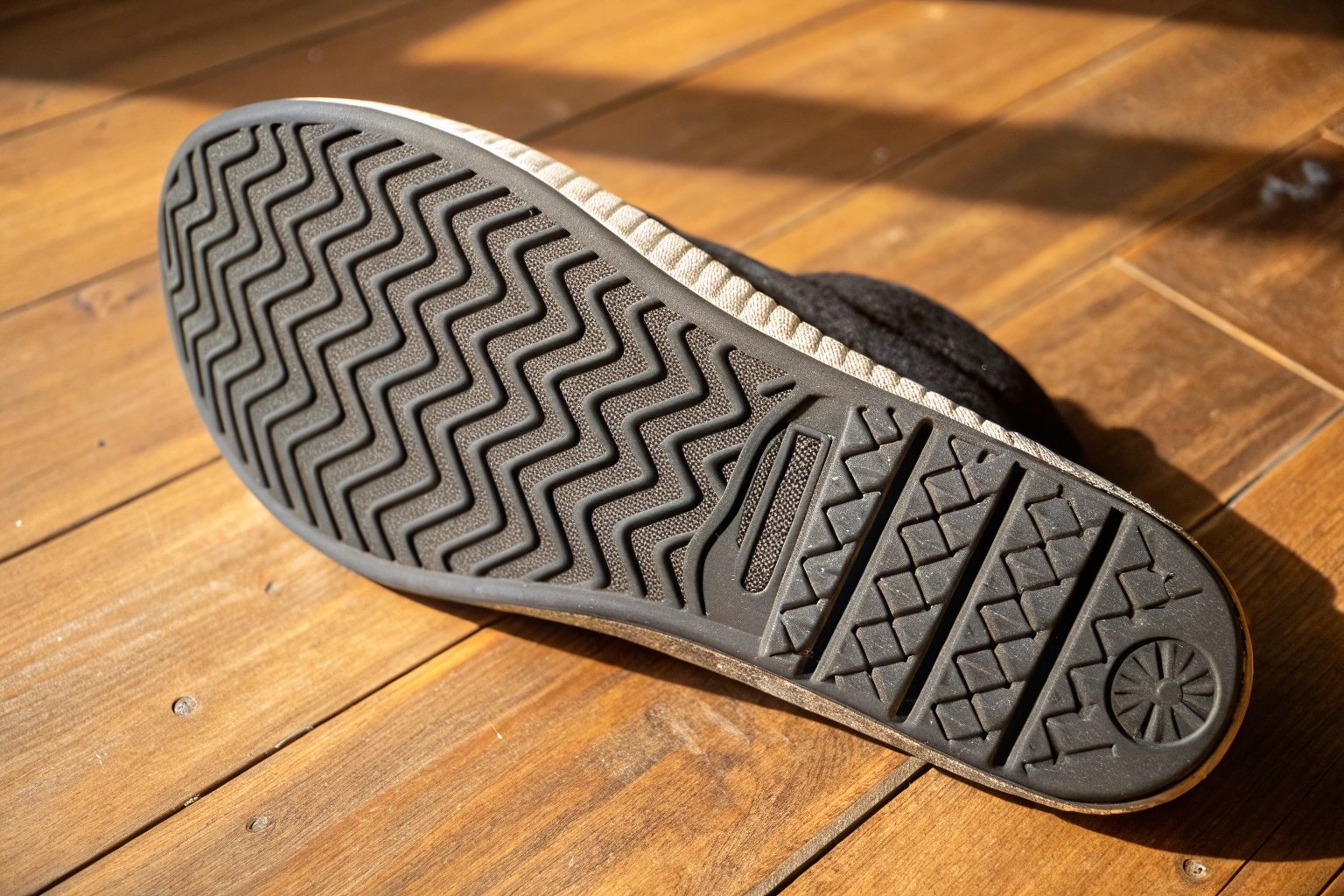 Detailed view of a slipper's non-slip sole with tread pattern, optimized for wooden floor grip and fall prevention.