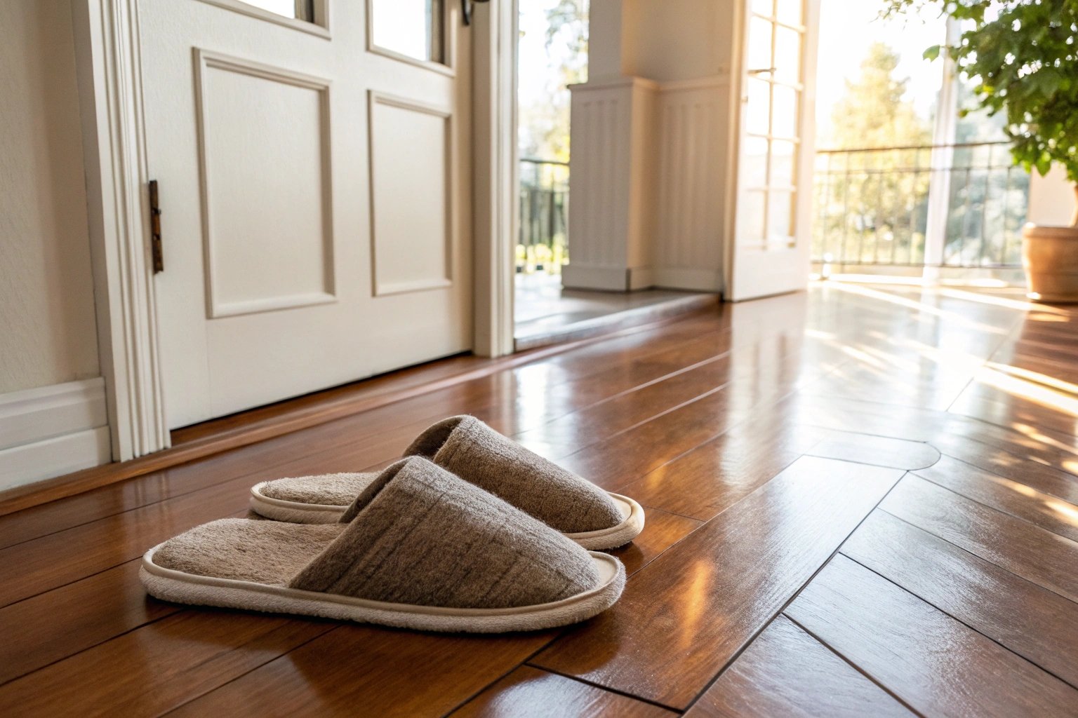 Soft-sole indoor slippers on polished wooden flooring, showcasing their gentle impact and compatibility with the surface.