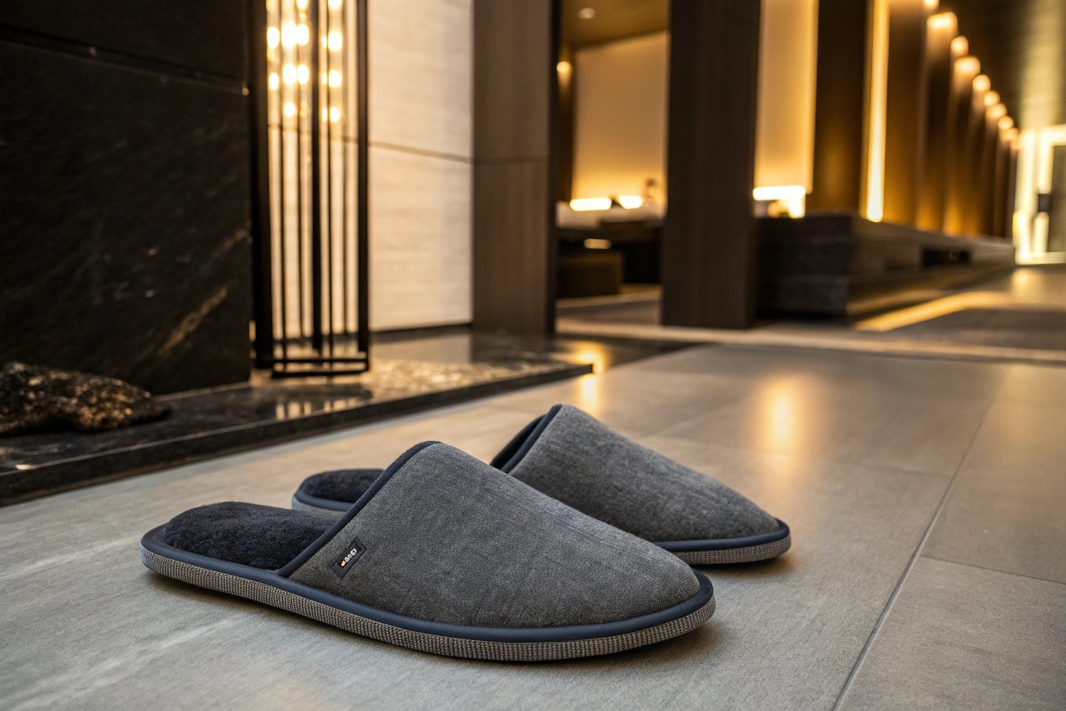 Dark-colored winter slippers in black, gray, and brown, showcasing practicality and elegance on a modern, clean floor.