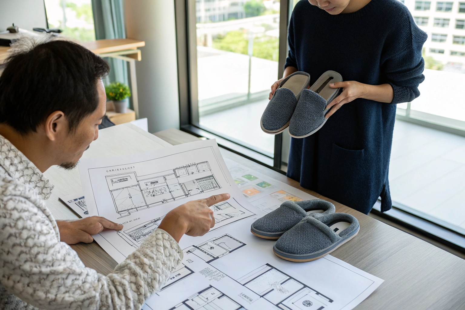 Slippers manufacturer performing quality control checks on materials and finished products.