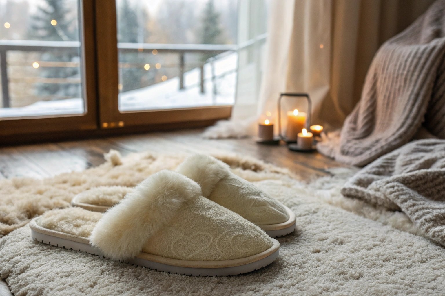 Down slippers with a fluffy, light texture placed on a soft wool rug, illustrating the exceptional warmth and comfort that down material offers for winter slippers.