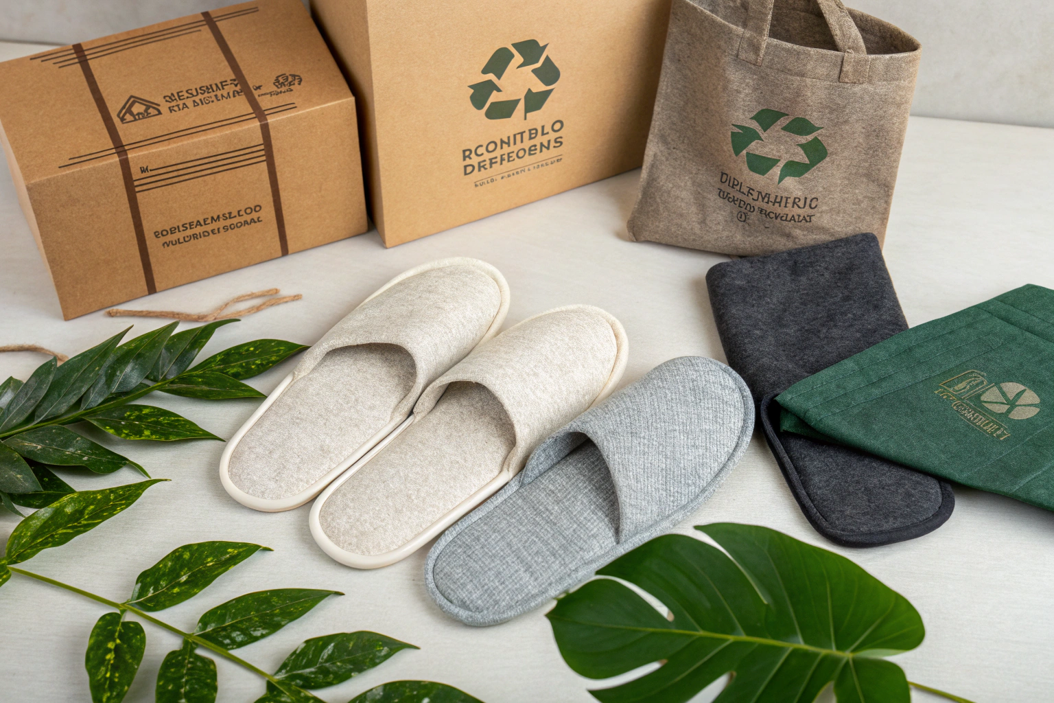 Sustainable slippers made with recycled and organic eco-friendly materials.