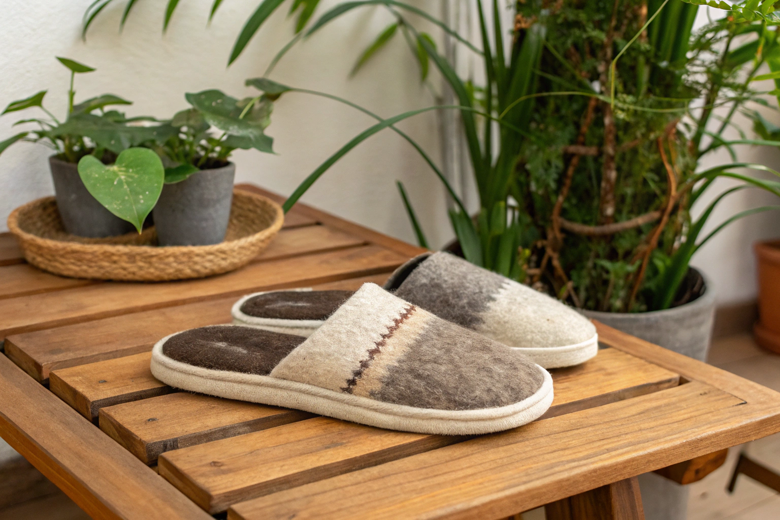 Eco-friendly slippers made with sustainable materials, placed near green plants.