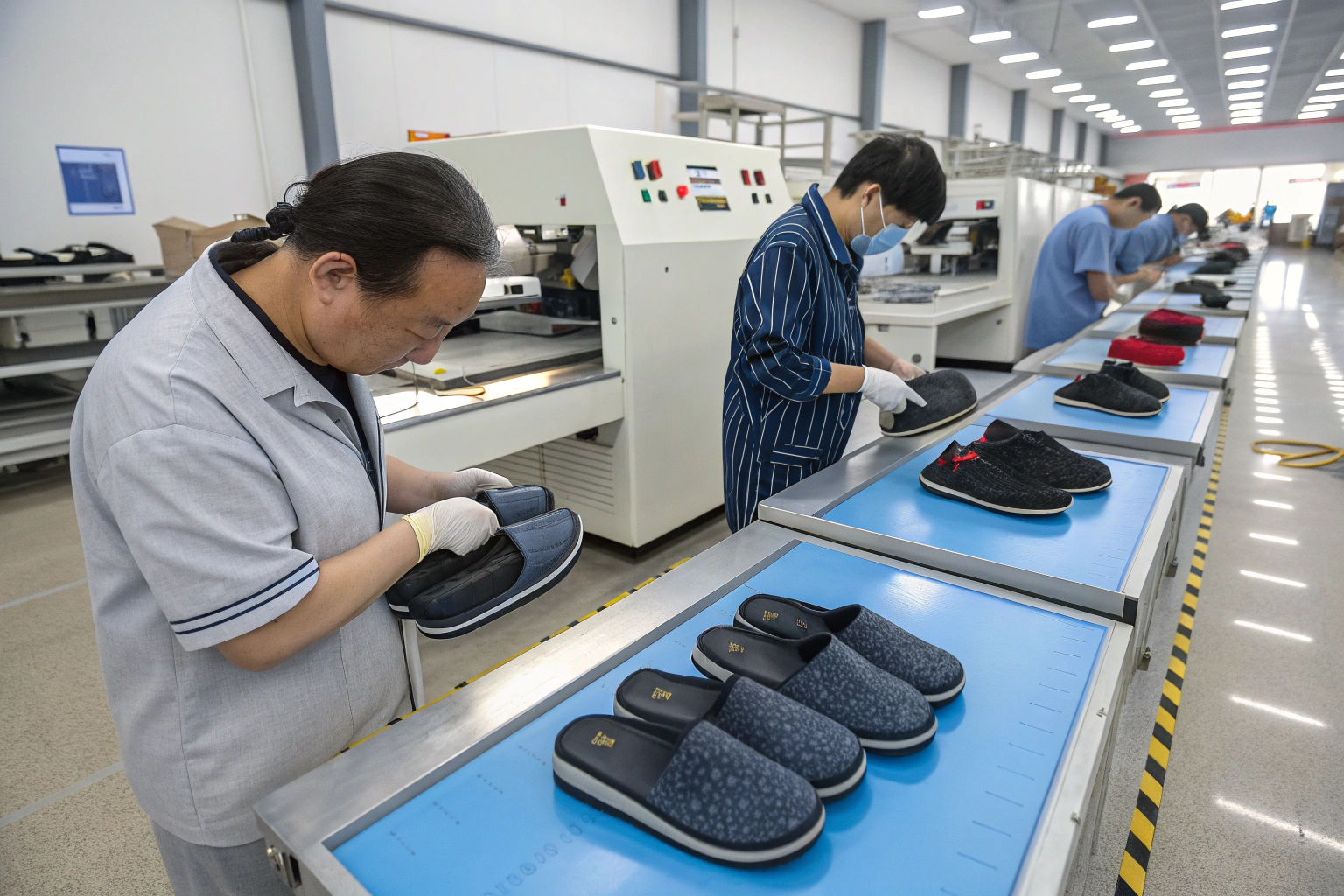 Slippers manufacturer factory showing modern production lines and skilled workers.