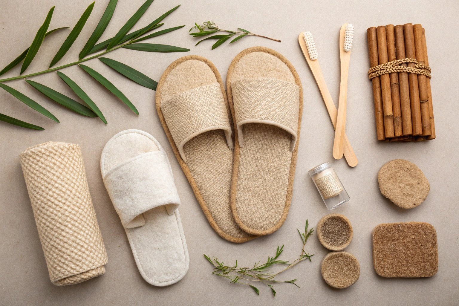 A flat lay of sustainable slipper materials including organic cotton, bamboo, recycled rubber, and plant-based foam.