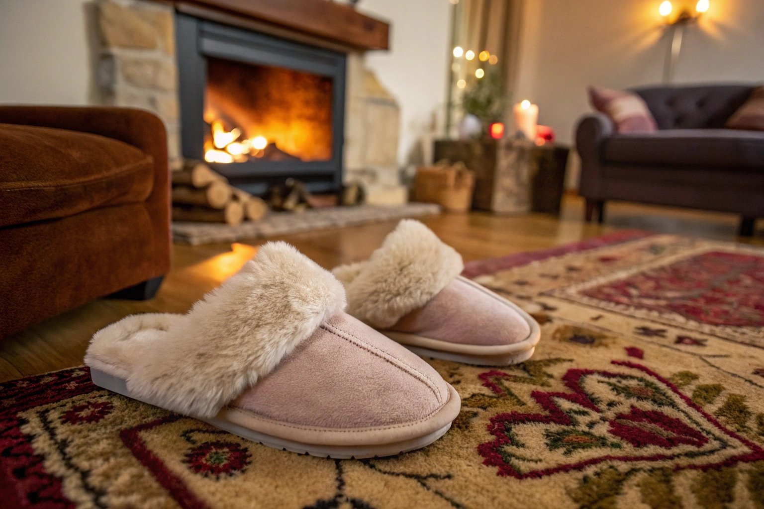 Fleece-lined slippers with soft faux fur lining placed on a wool rug in a cozy living room, evoking warmth and comfort for cold winter days.